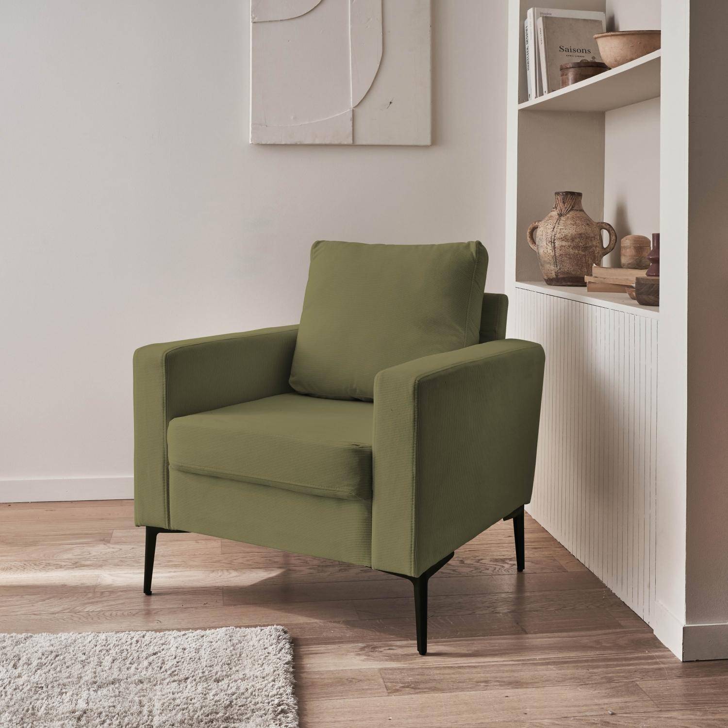 Fauteuil en velours côtelé kaki - Bjorn - Canapé 1 place fixe droit pieds métal Photo2