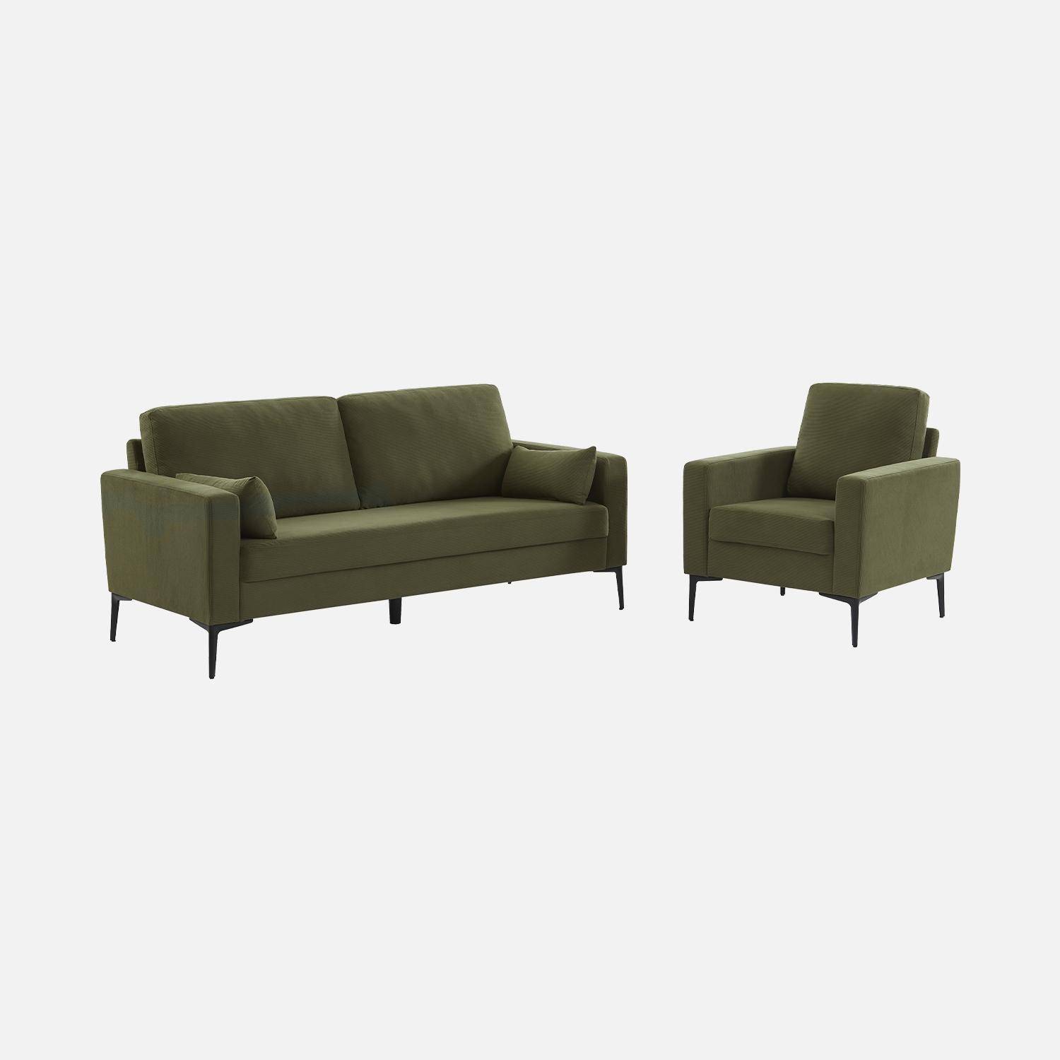 Fauteuil en velours côtelé kaki - Bjorn - Canapé 1 place fixe droit pieds métal Photo6