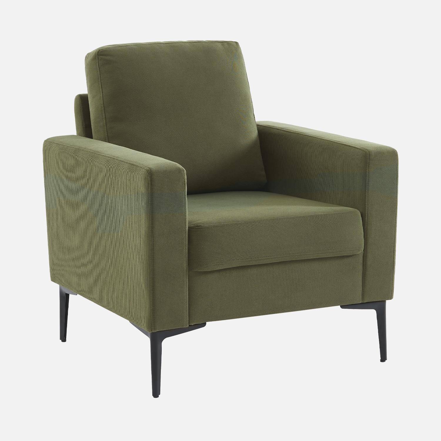 Fauteuil en velours côtelé kaki - Bjorn - Canapé 1 place fixe droit pieds métal Photo3