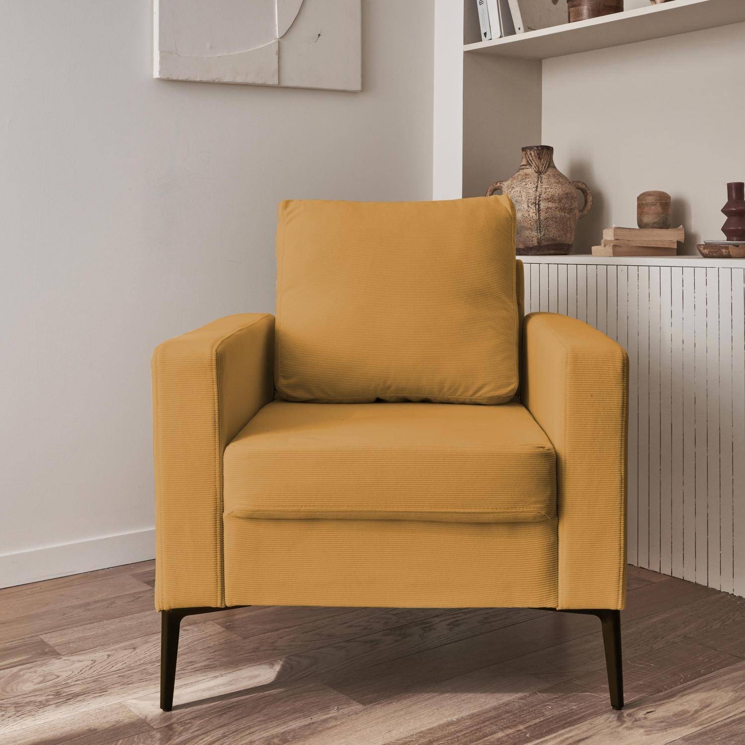 Gele oker corduroy fauteuil, Bjorn, 1-zits, met metalen poten Photo2