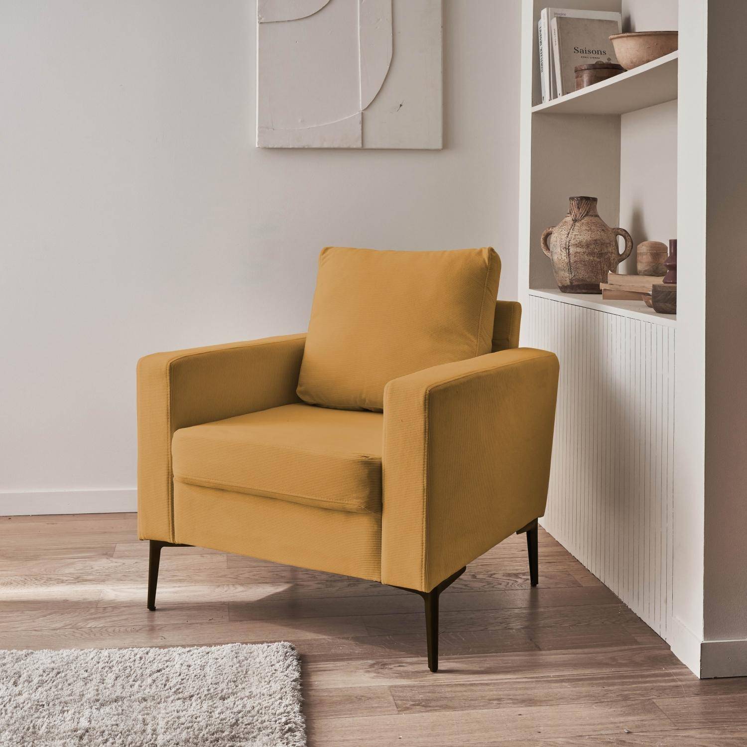 Gele oker corduroy fauteuil, Bjorn, 1-zits, met metalen poten Photo1