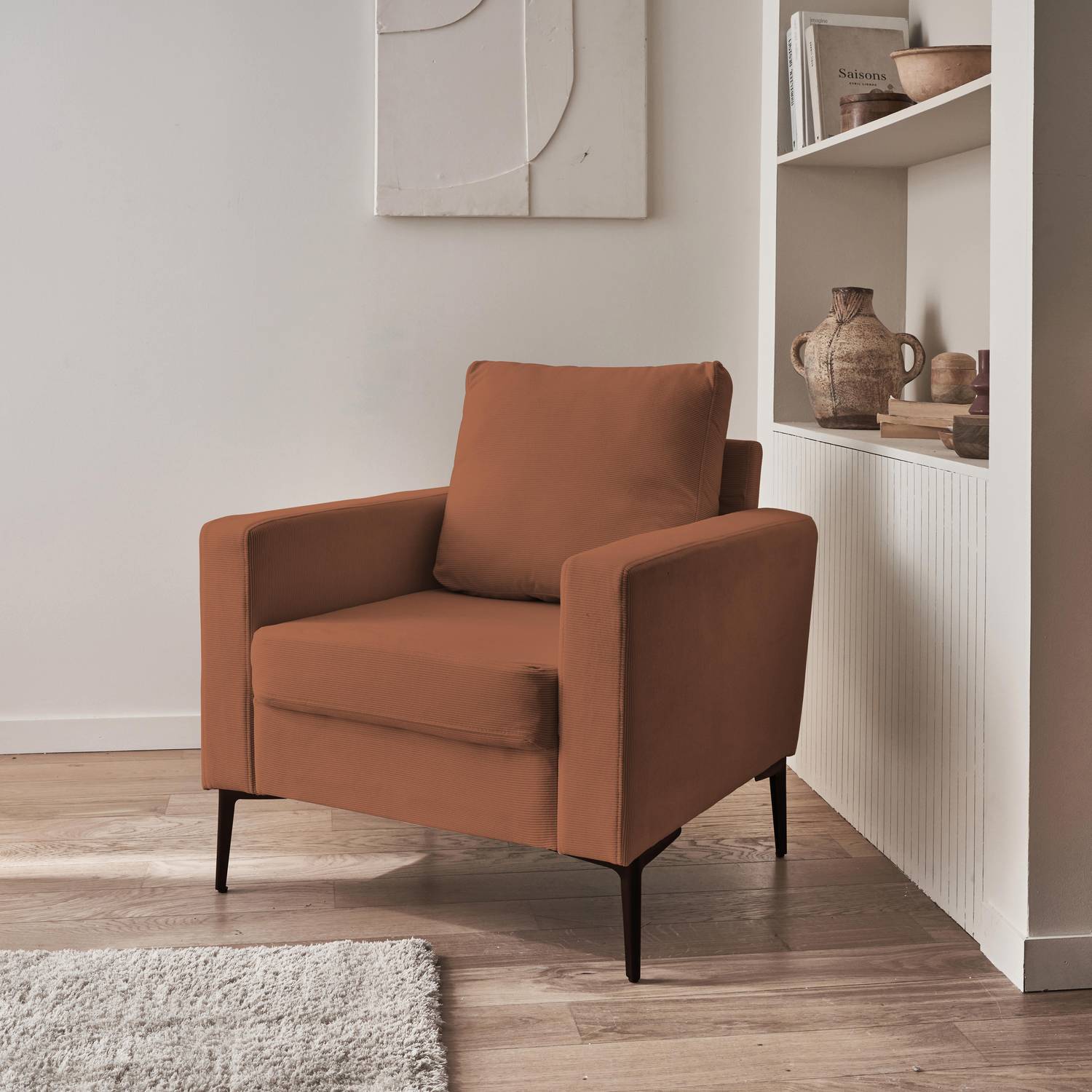 Terracotta corduroy fauteuil, Bjorn, 1-zits, met metalen poten Photo2