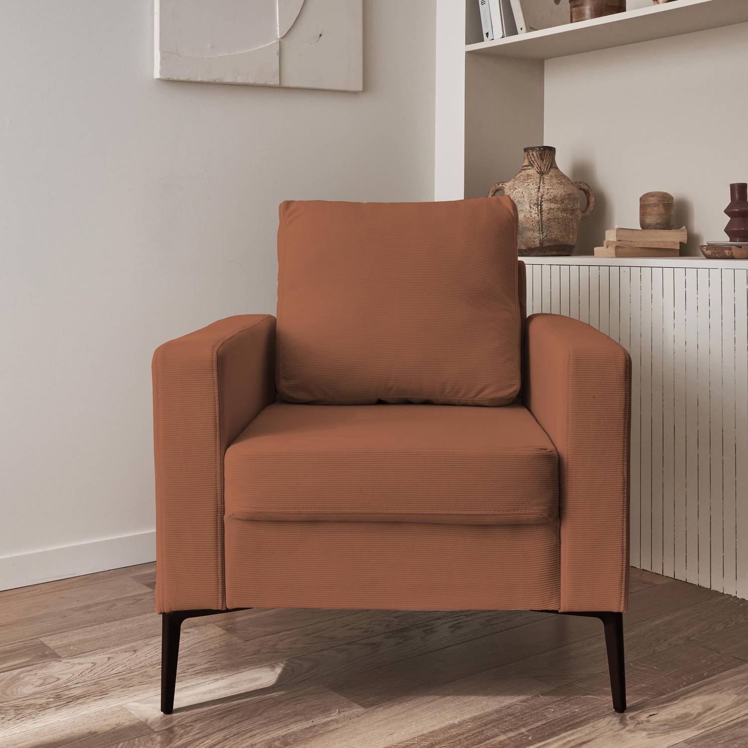 Sessel mit Kord-Bezug  - Terrakotta - Bjorn - mit geraden Metallfüßen Photo1