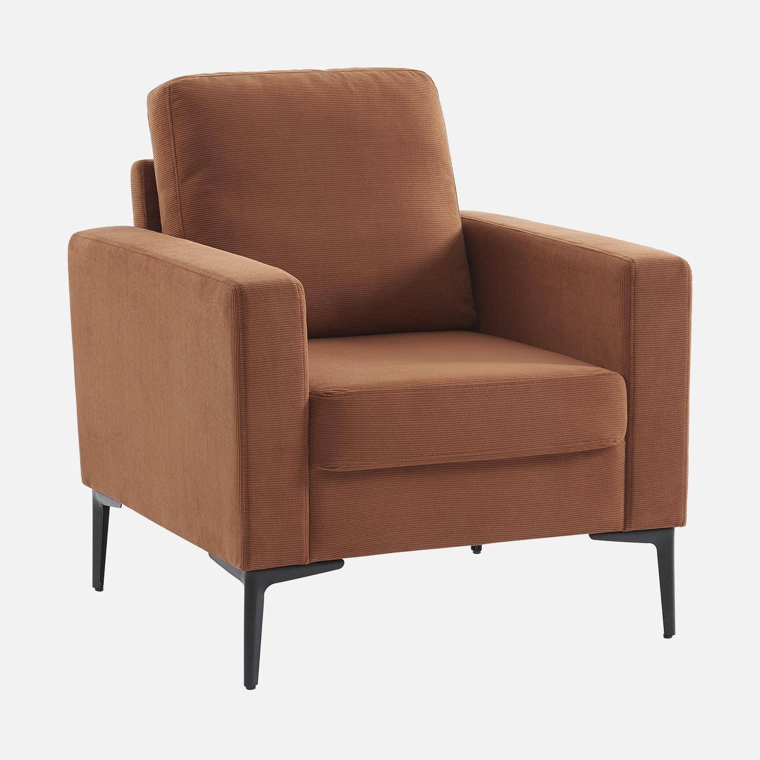 Terracotta corduroy fauteuil, Bjorn, 1-zits, met metalen poten,sweeek,Photo3