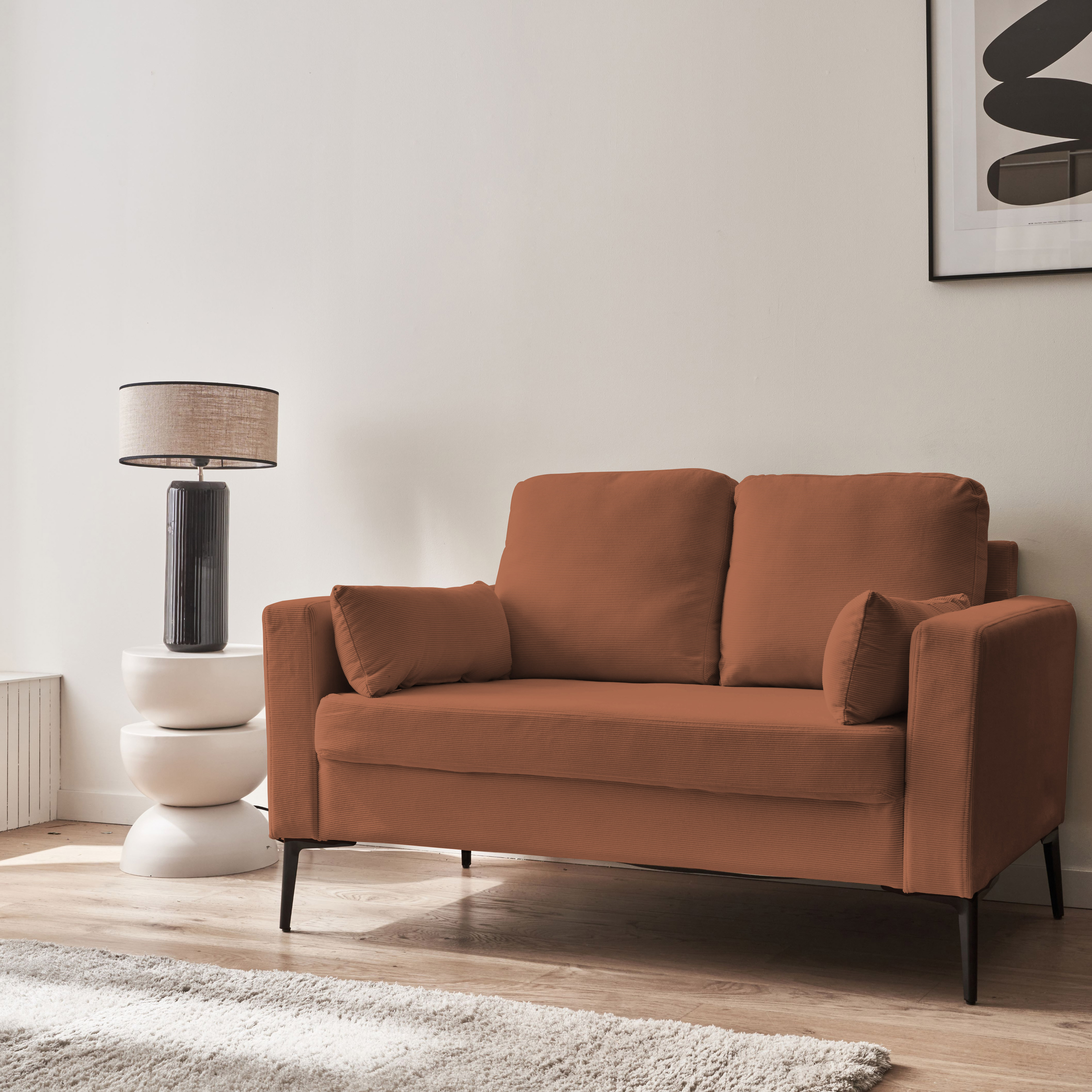 Terracotta corduroy bank, Bjorn, 2-zits met metalen poten Photo3