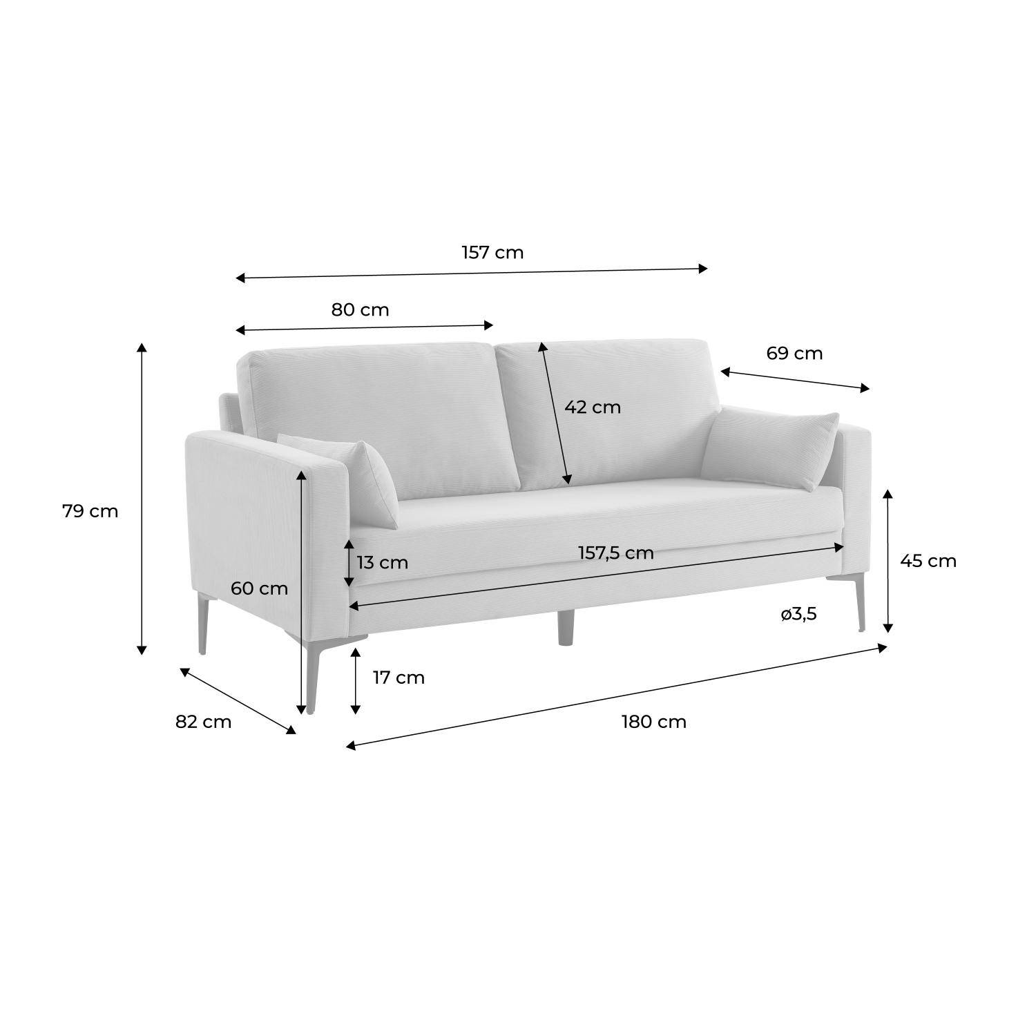 Sofa 3-Sitzer Cord khaki - Bjorn - Fixes Sofa, gerade, Metallfüße ,sweeek,Photo8