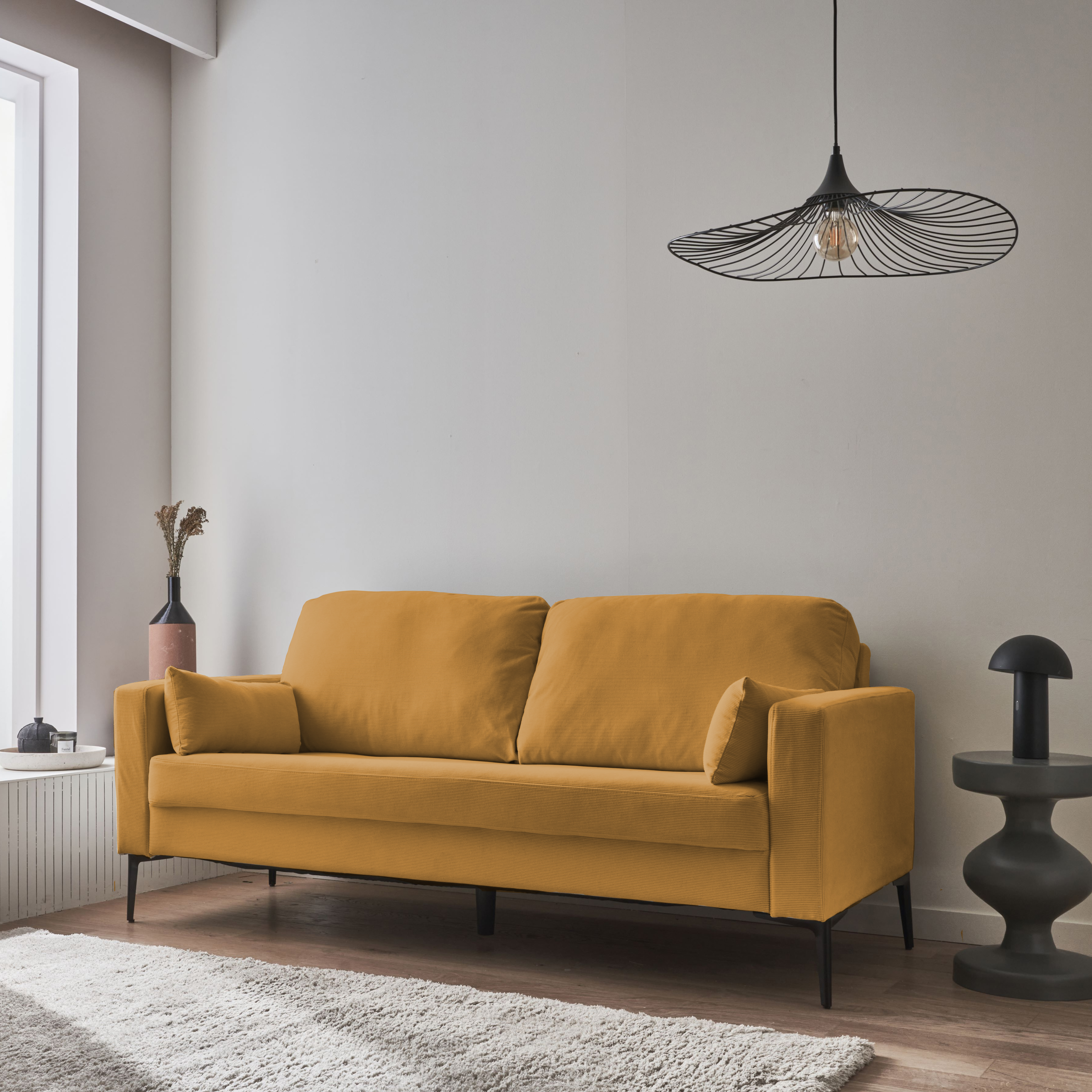 Divano a 3 posti in velluto a coste, gambe in metallo, Bjorn, Ocra, 130x79x69 cm,sweeek,Photo2