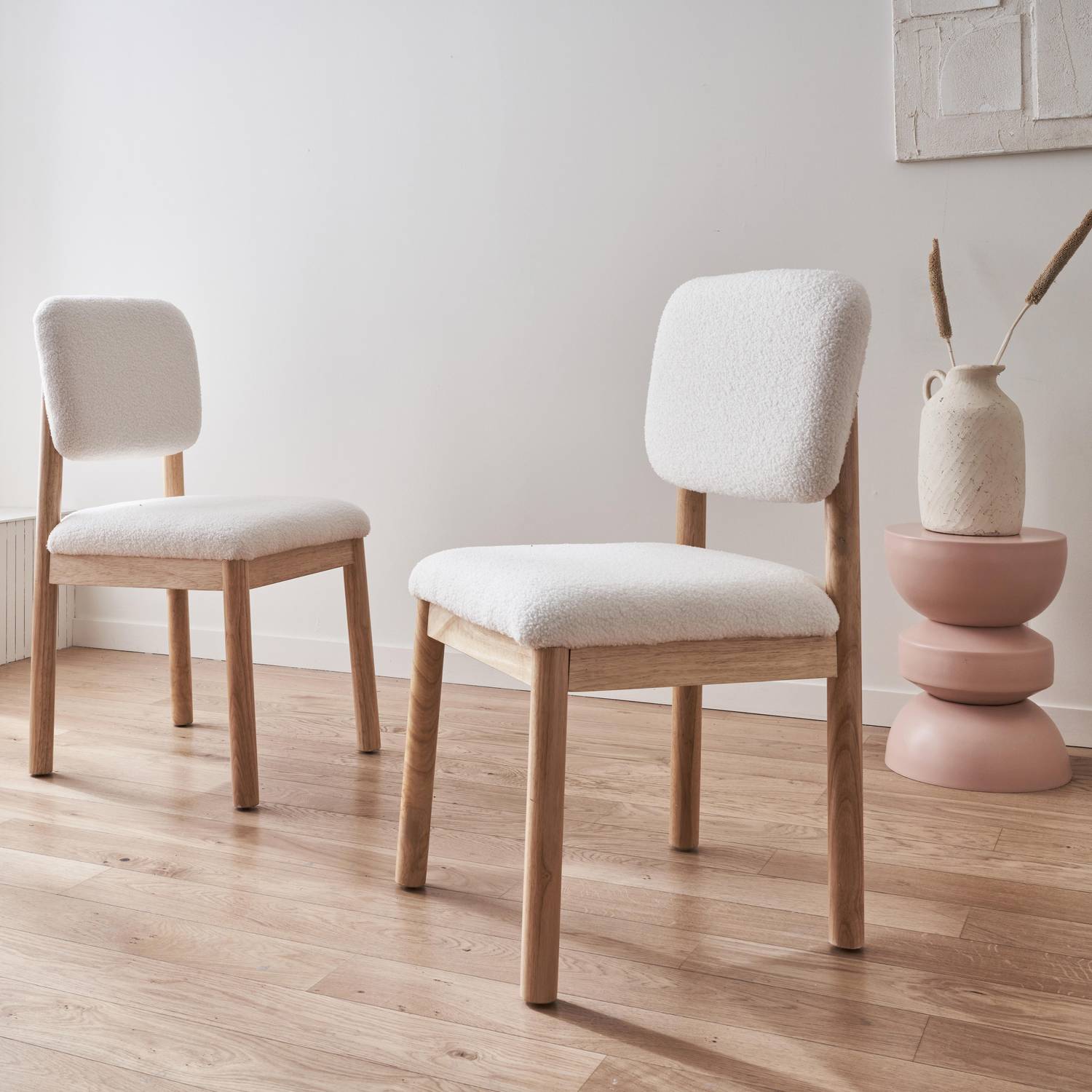 2er Set skandinavische Stühle, Gestell aus Hevea-Holz, Teddy Bouclé-Bezug Photo1