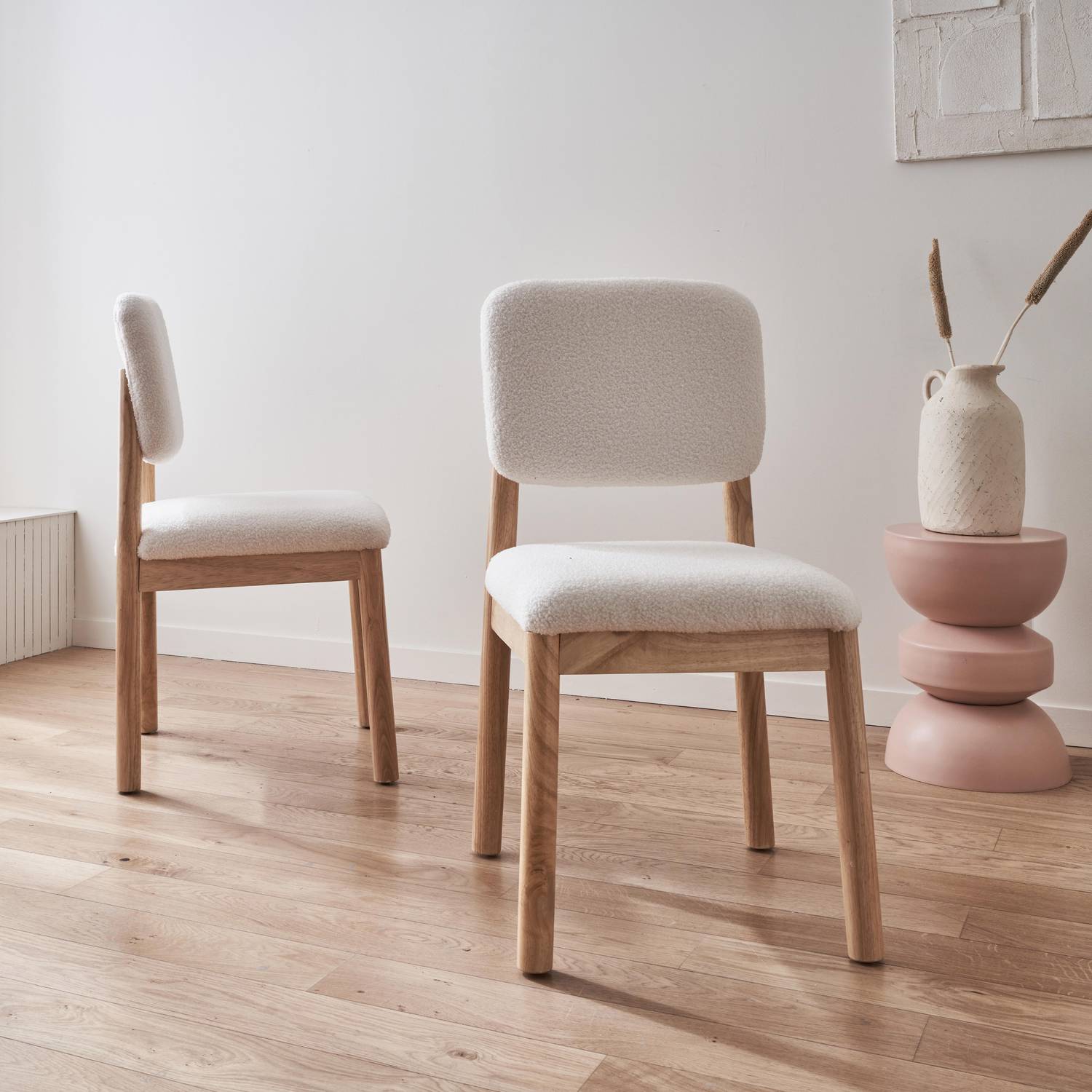 2er Set skandinavische Stühle, Gestell aus Hevea-Holz, Teddy Bouclé-Bezug Photo2