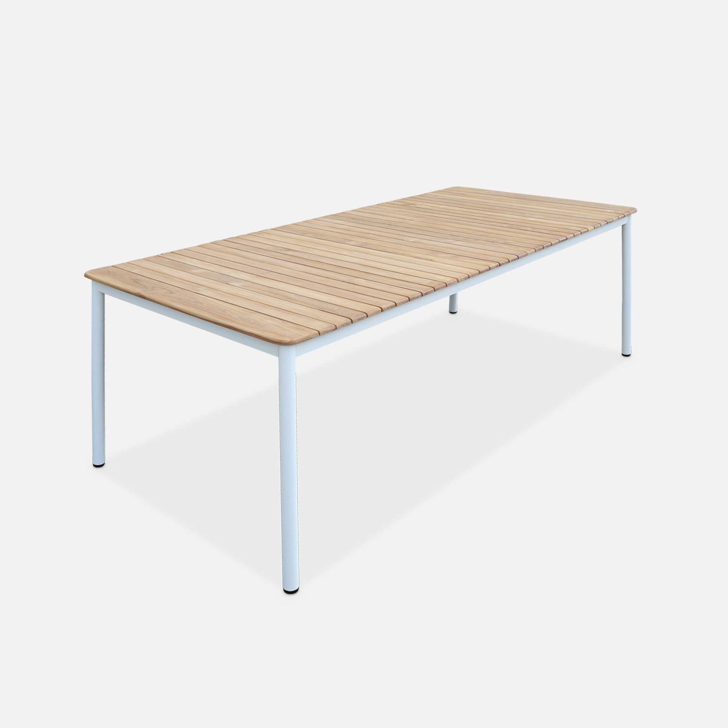 Table de jardin en bois teck, structure acier inoxydable blanc, 8 places  Photo1
