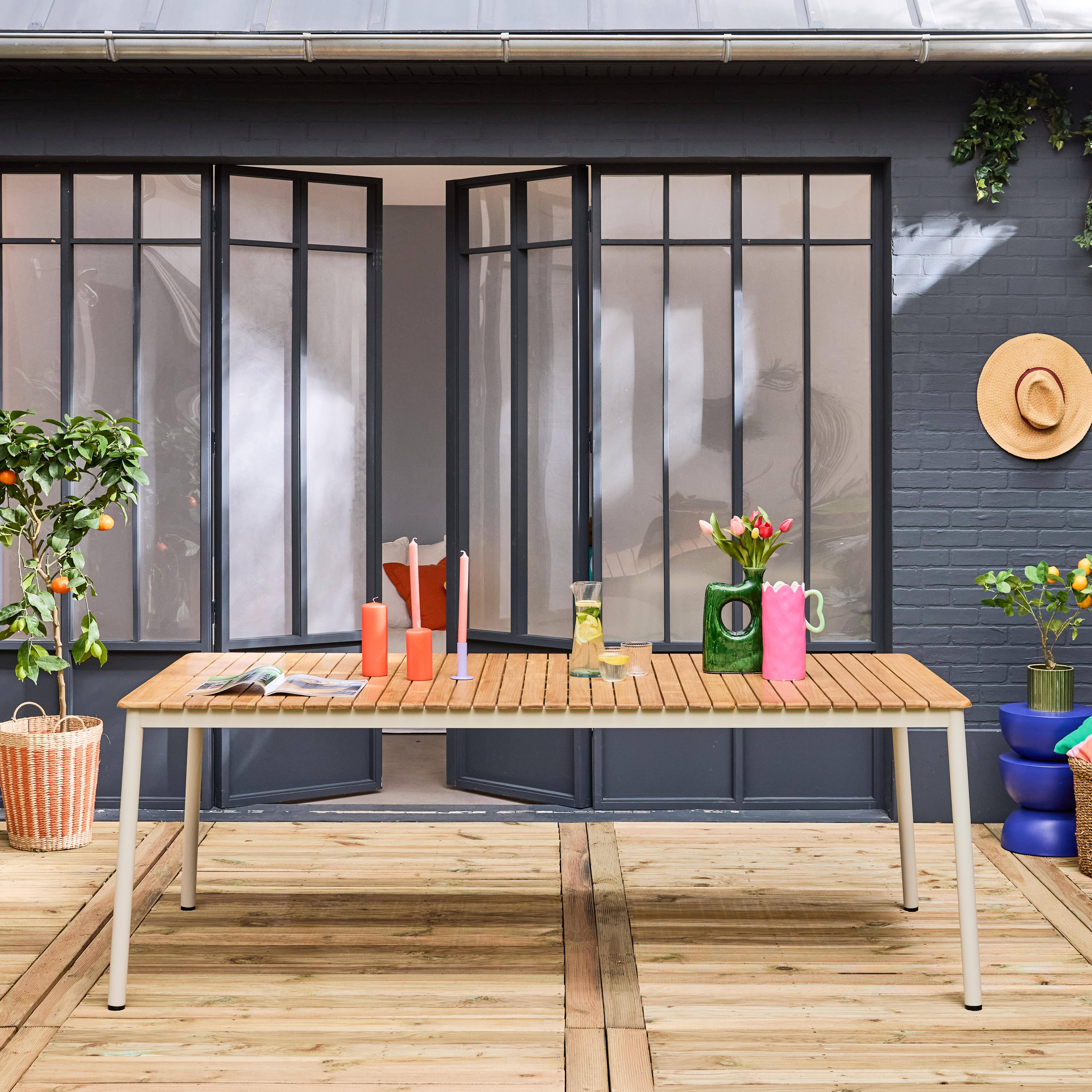 Table de jardin en bois teck, structure acier inoxydable blanc, 8 places  Photo1