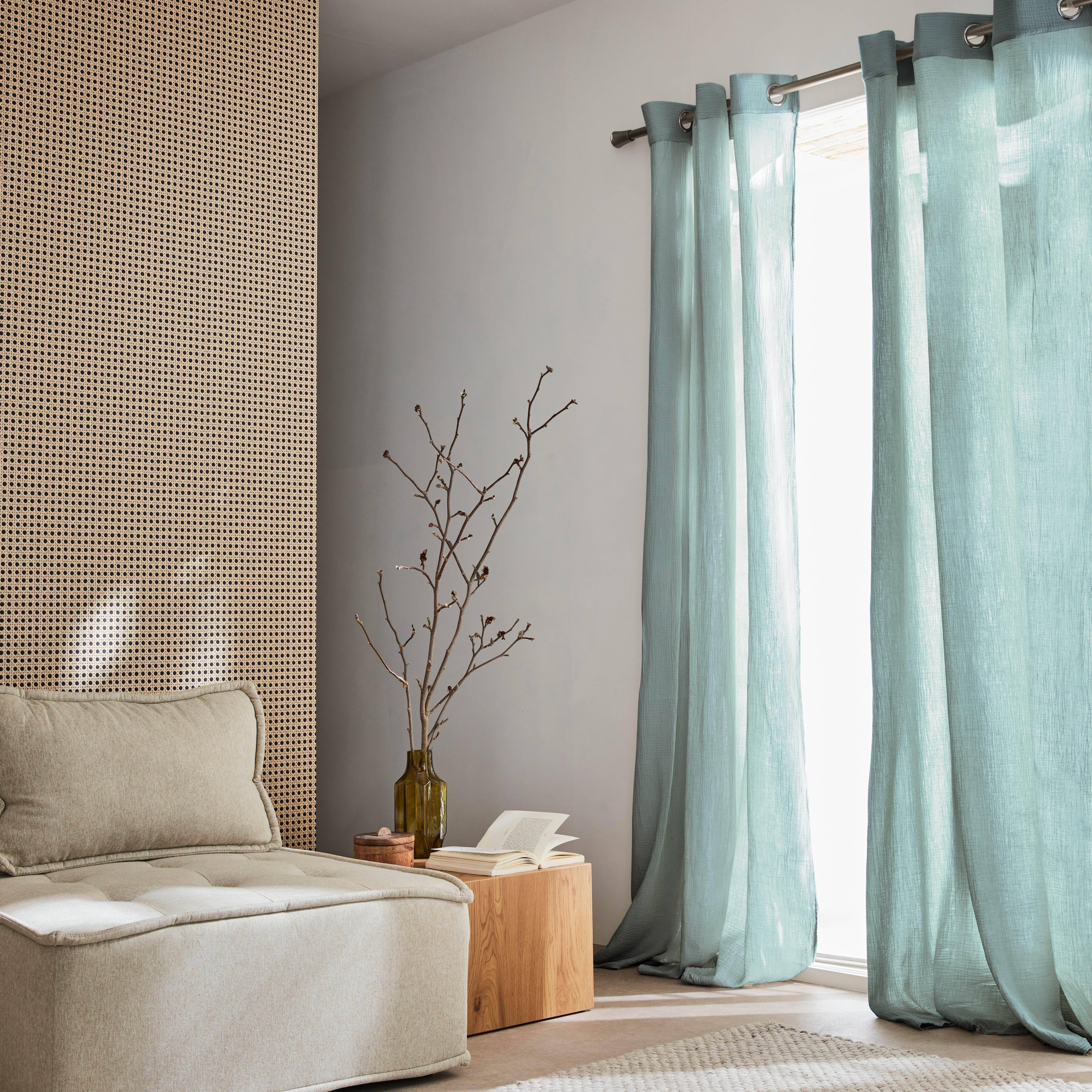 Set de 2 rideaux en gaze de coton vert amande, tissu gaufré, 2x 135x240cm avec œillets ,sweeek,Photo1