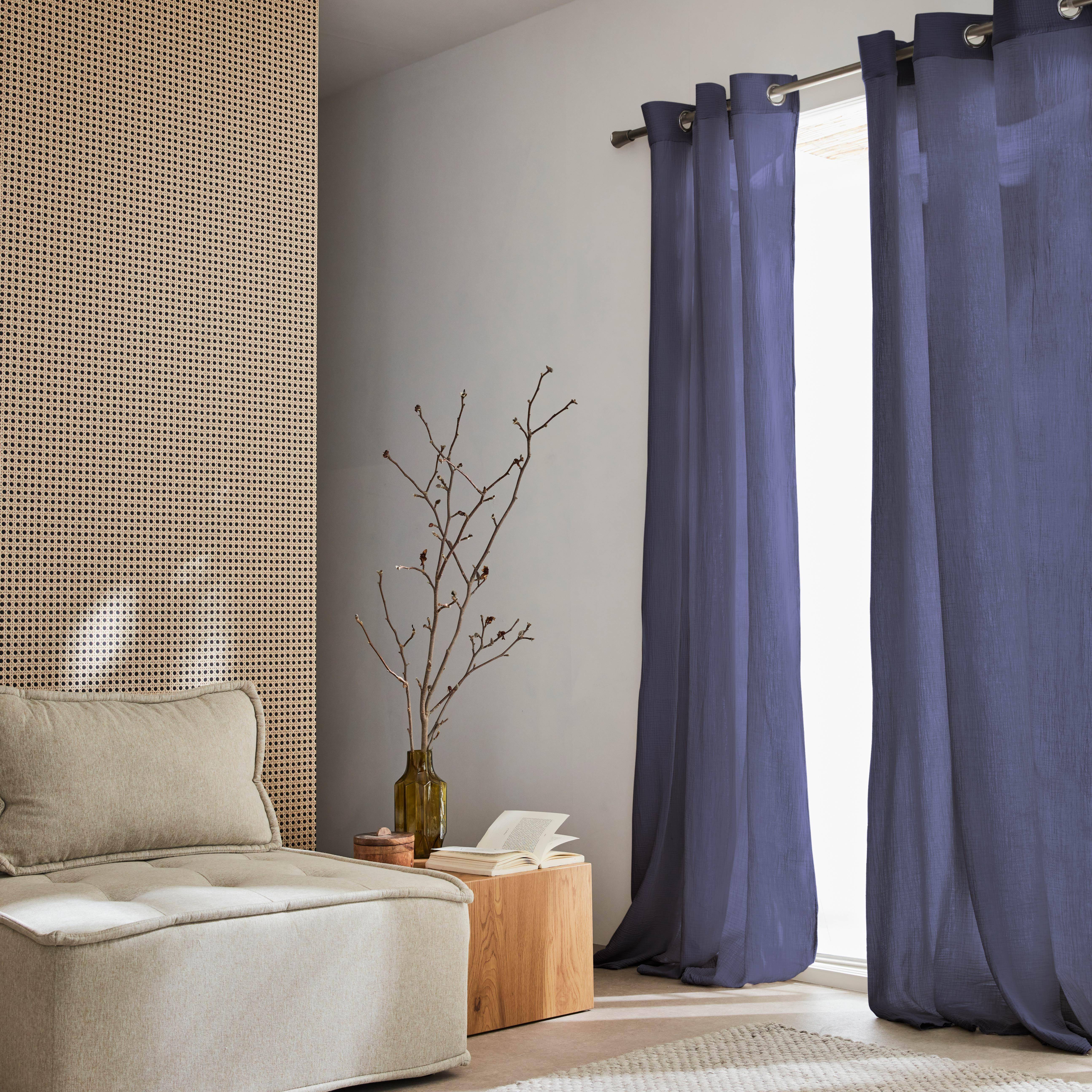 Set de 2 rideaux en gaze de coton bleu marine, tissu gaufré, 2x 135x240cm avec œillets ,sweeek,Photo1