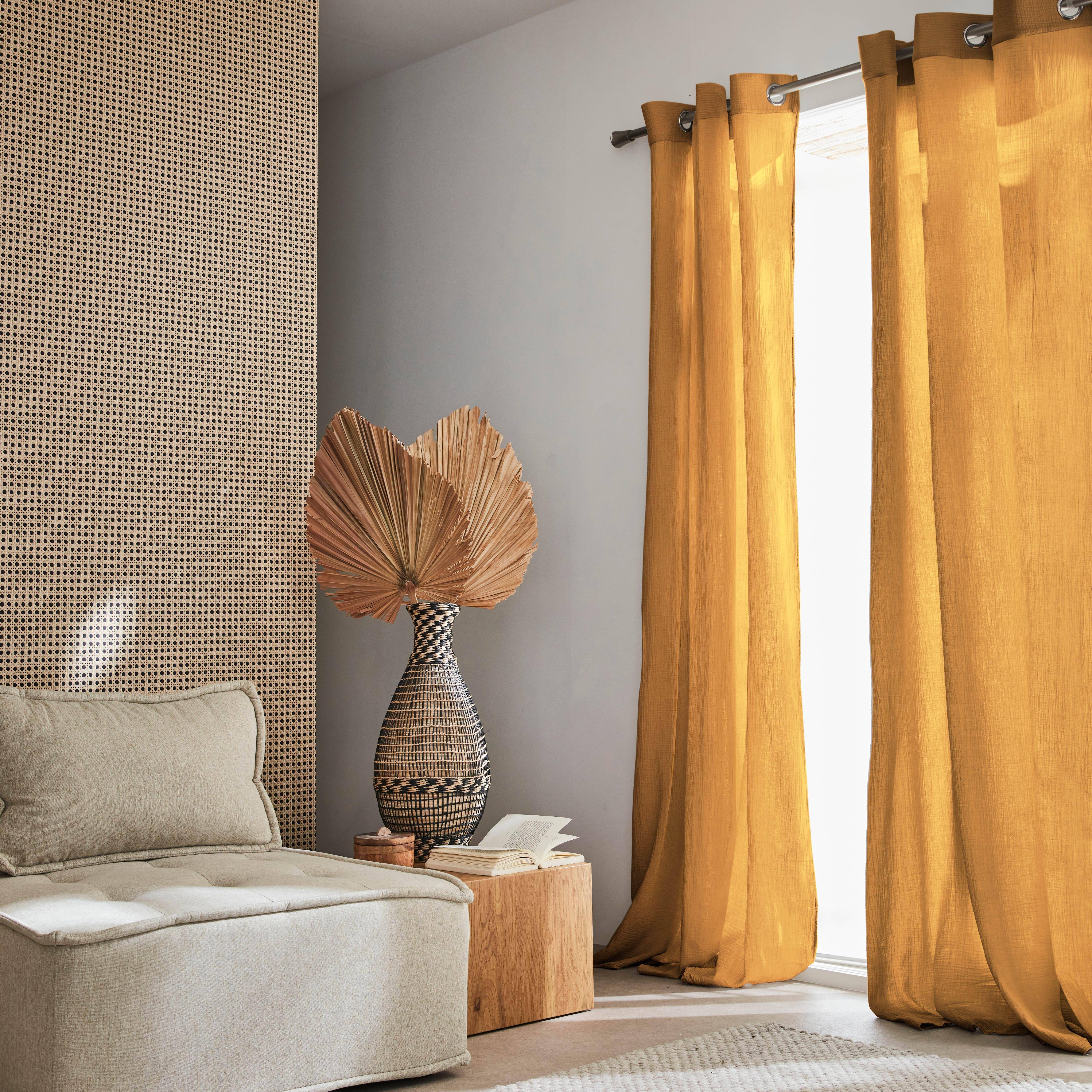 Set de 2 rideaux en gaze de coton or, tissu gaufré, 2x 135x240cm avec œillets ,sweeek,Photo1
