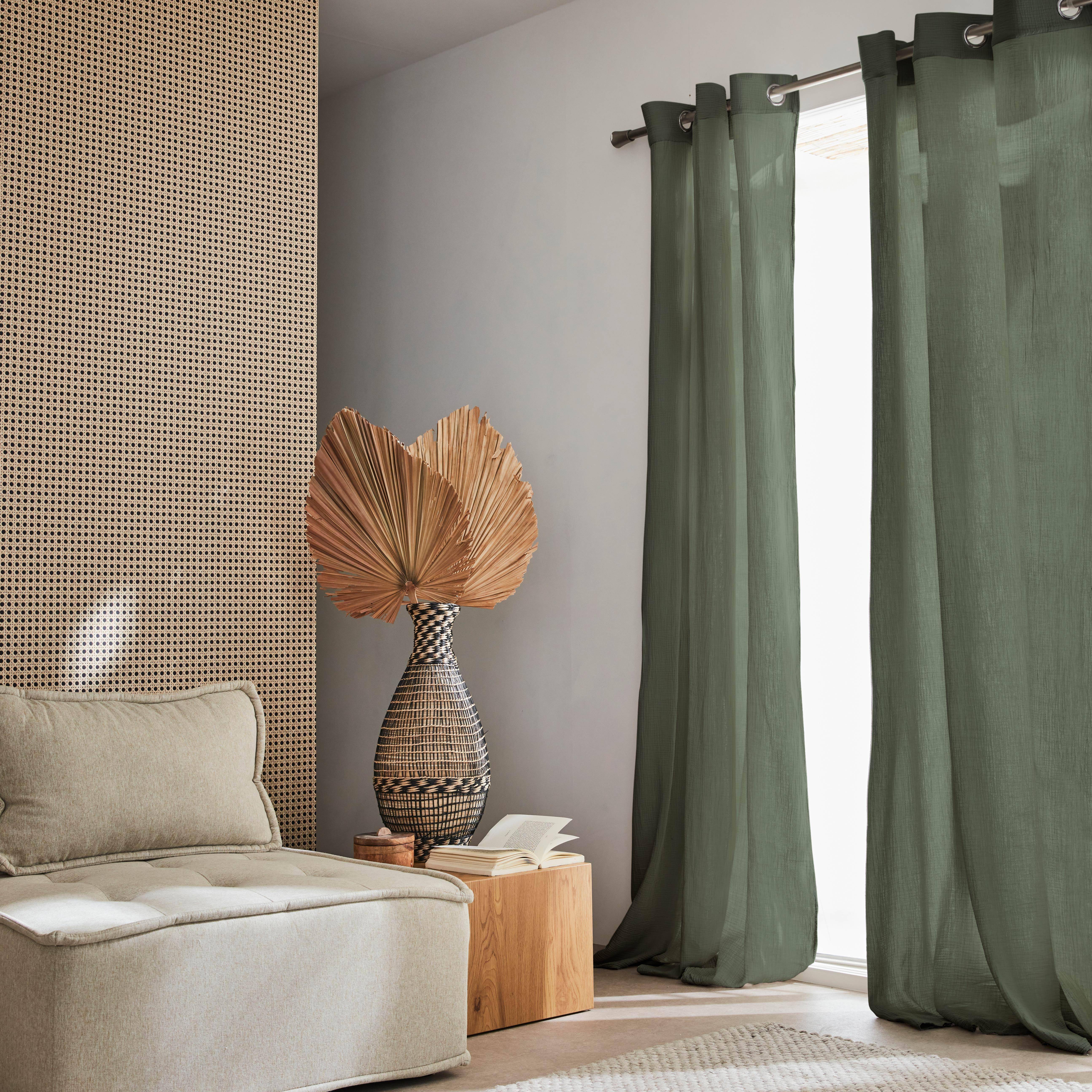 Set de 2 rideaux en gaze de coton kaki foncé, tissu gaufré, 2x 135x240cm avec œillets  Photo1