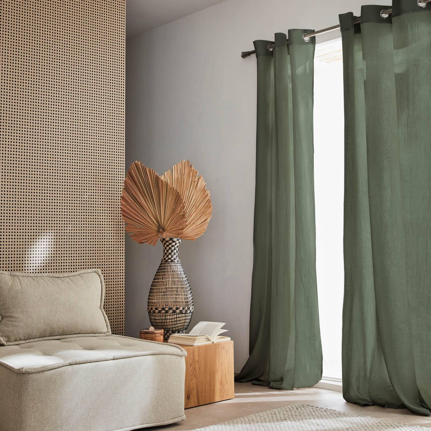 Set de 2 rideaux en gaze de coton kaki, tissu gaufré, 2x 135x240cm avec œillets  Photo1