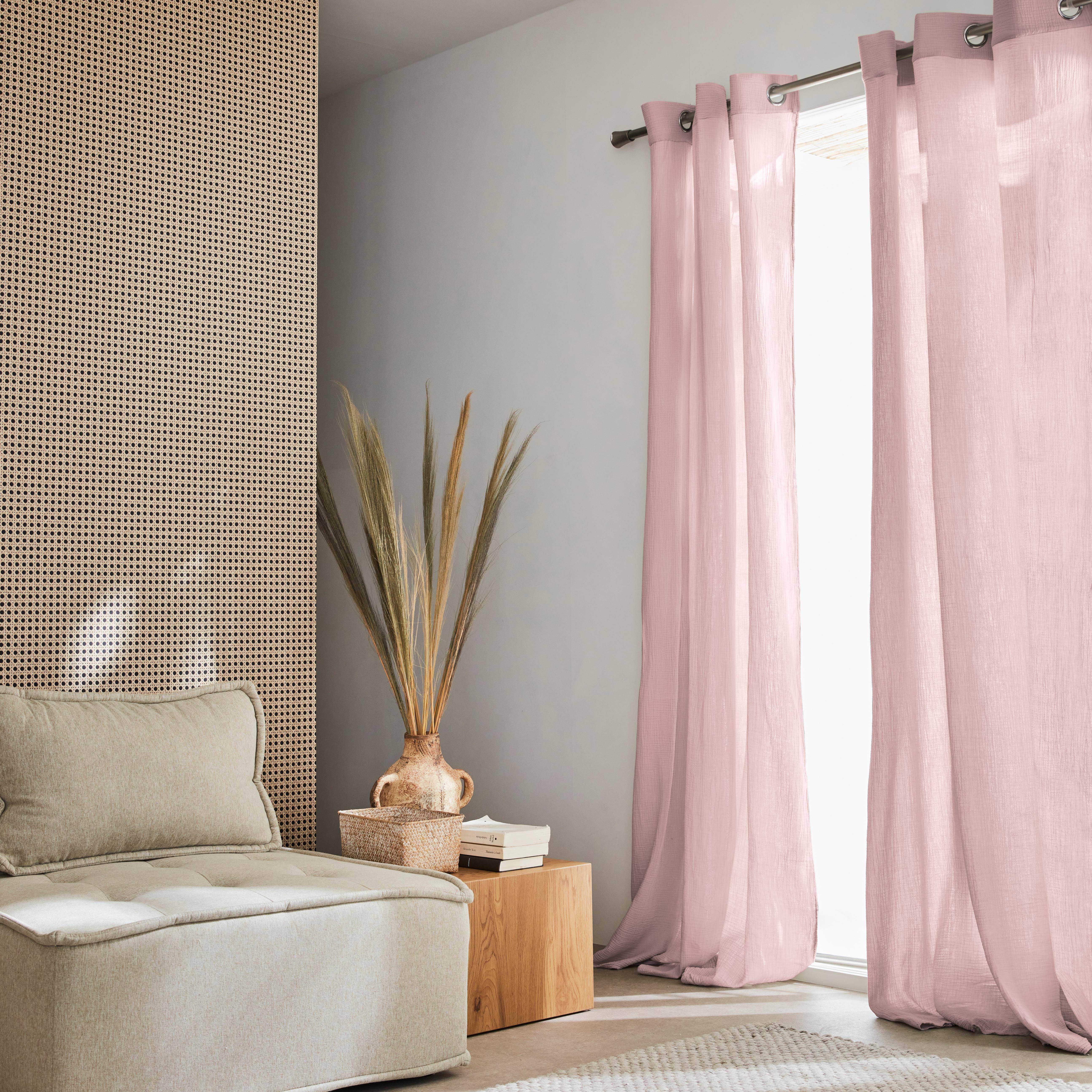 Set de 2 rideaux en gaze de coton rose, tissu gaufré, 2x 135x240cm avec œillets ,sweeek,Photo1