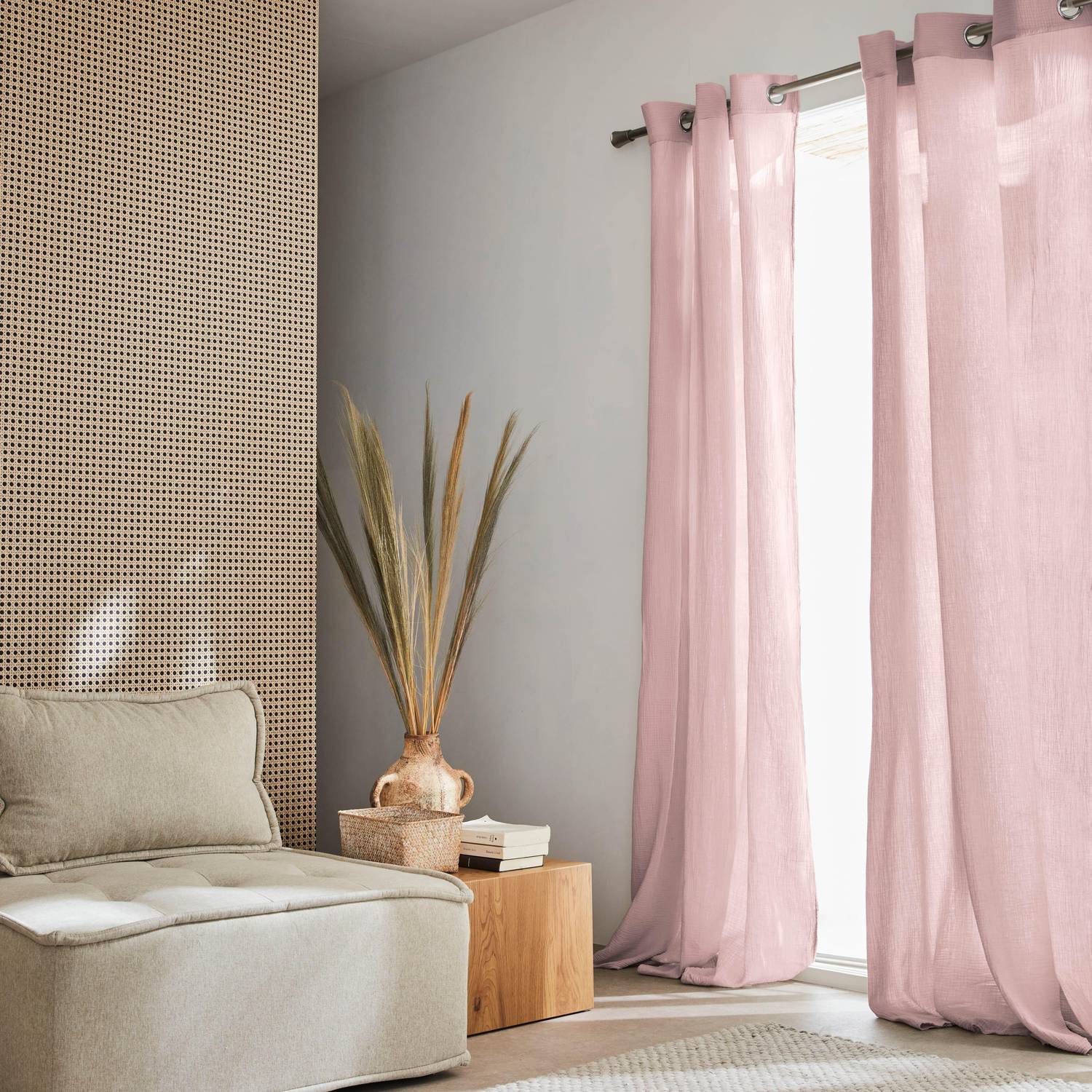 Set de 2 rideaux en gaze de coton rose, tissu gaufré, 2x 135x240cm avec œillets  Photo1