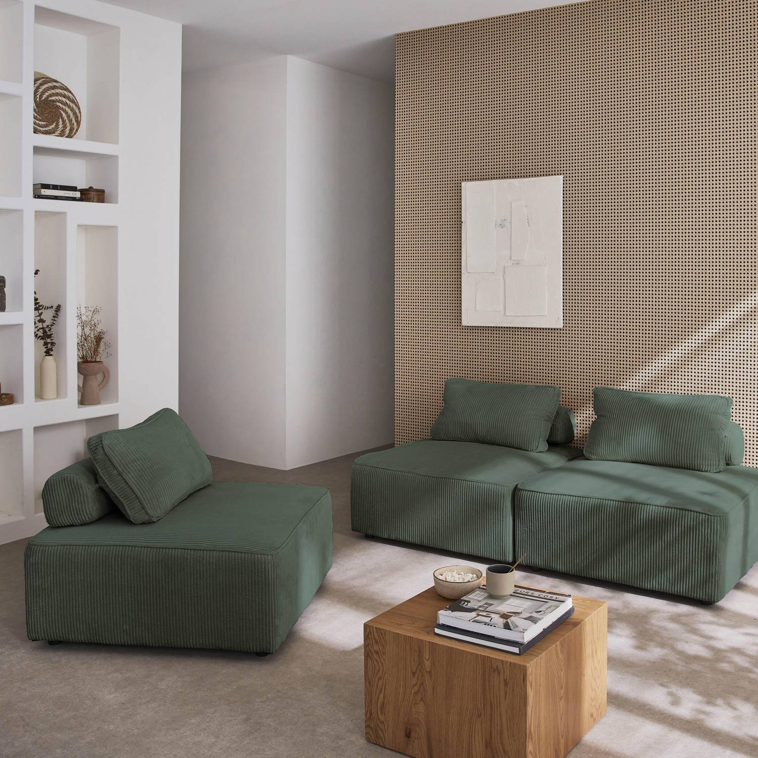 Set van 3 modulaire corduroy fauteuils in groen met kussen Photo3