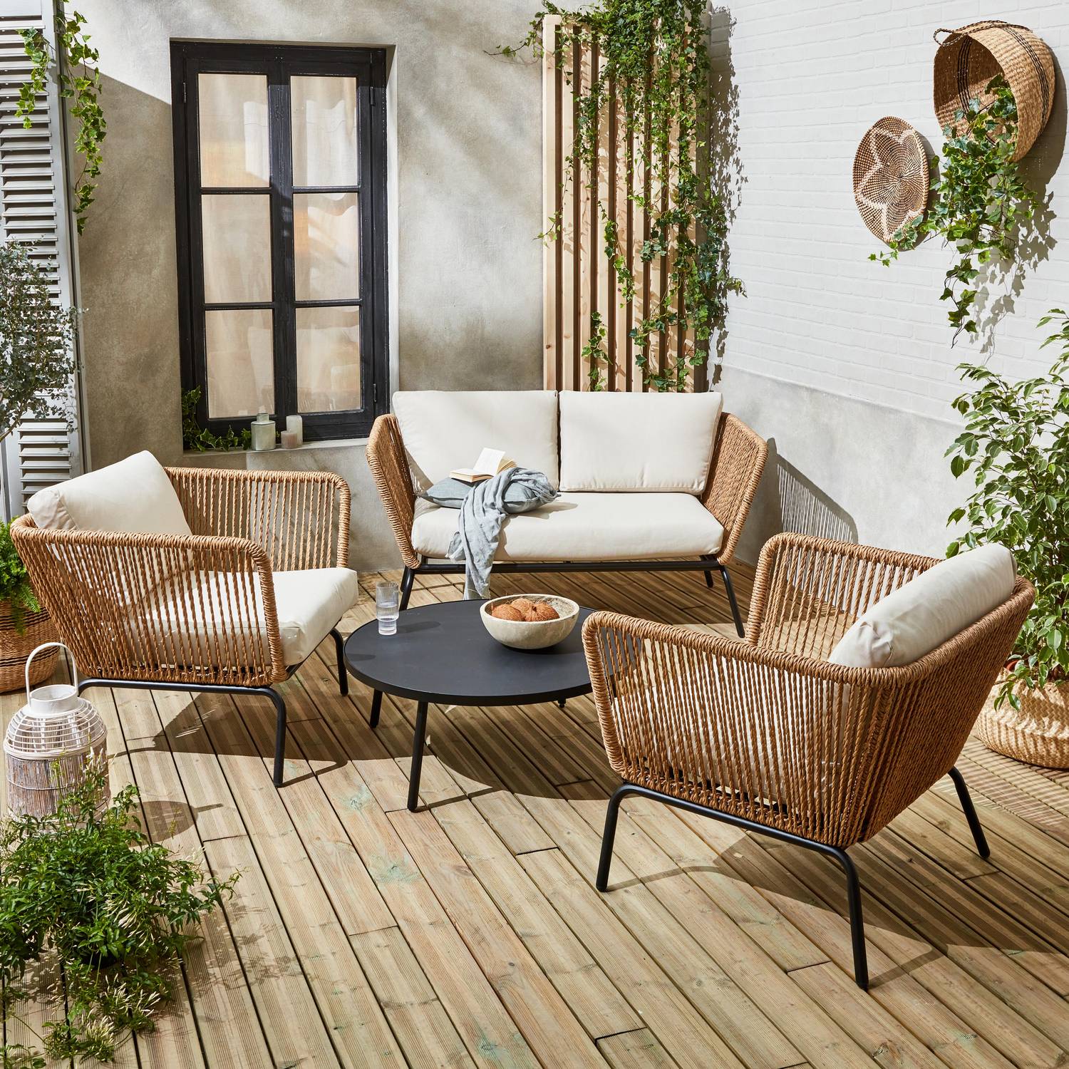 4-seater garden sofa set, woven resin with rattan effect, Beige, steel structure, UV-resistant Photo1