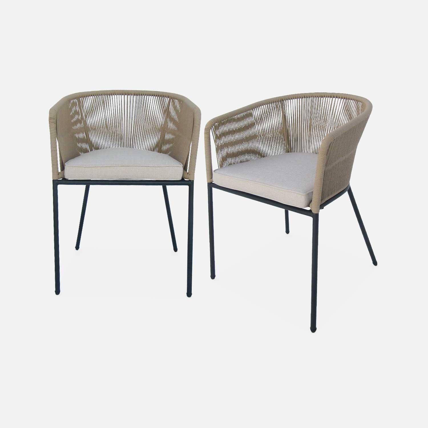 Pair of garden armchairs with rope and galvanised steel, black and beige Photo3