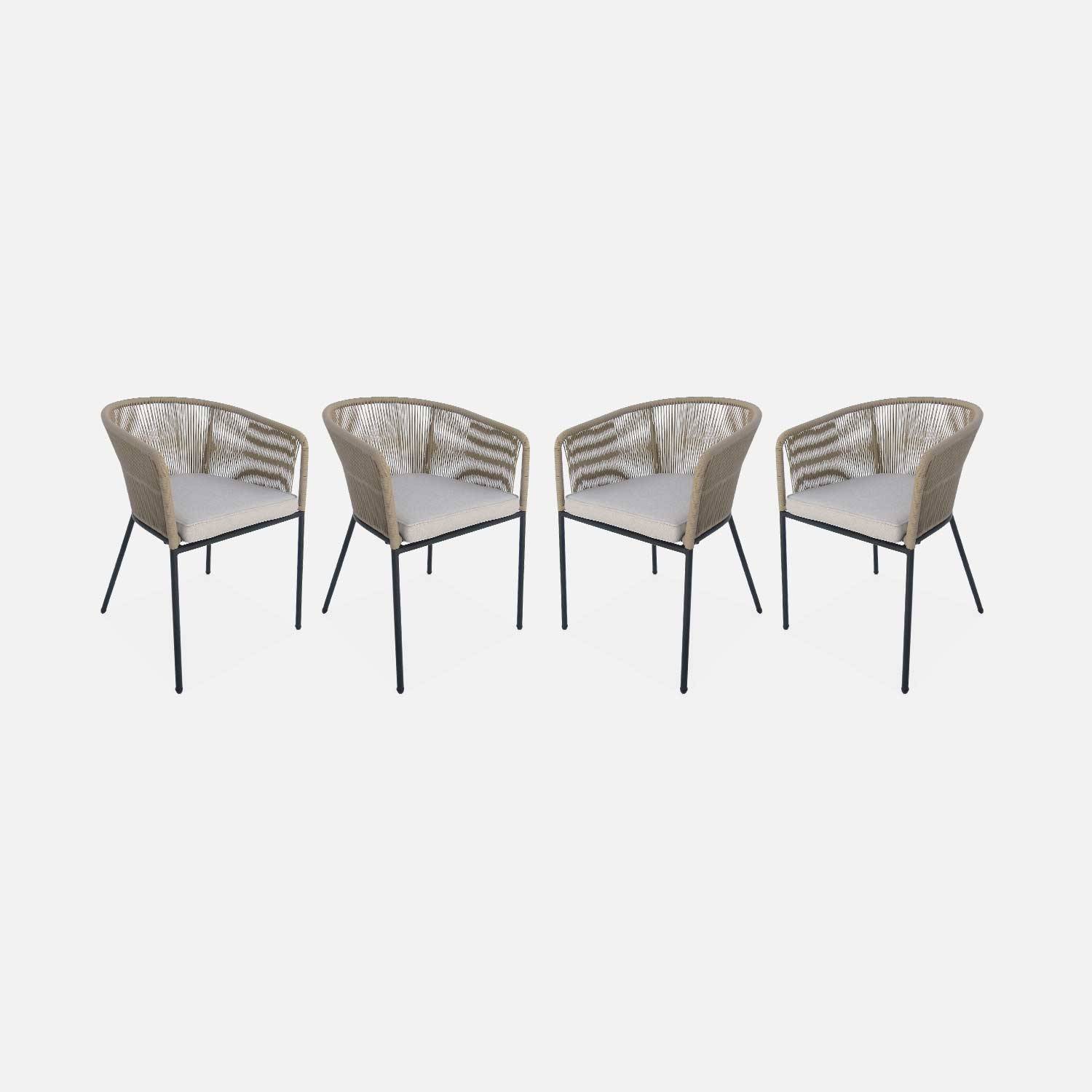 Set of 4 metal and rope garden chairs, Beige