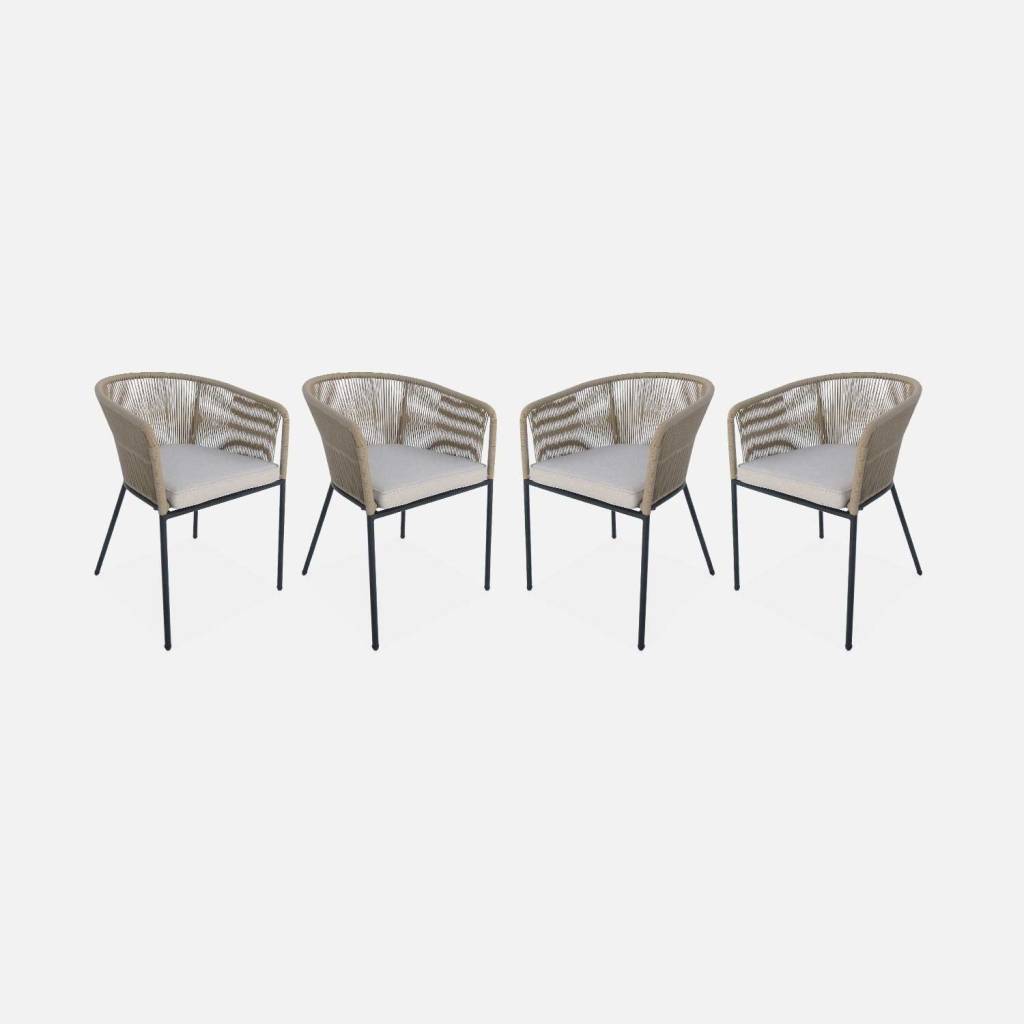 Set of 4 metal and rope garden chairs, Beige