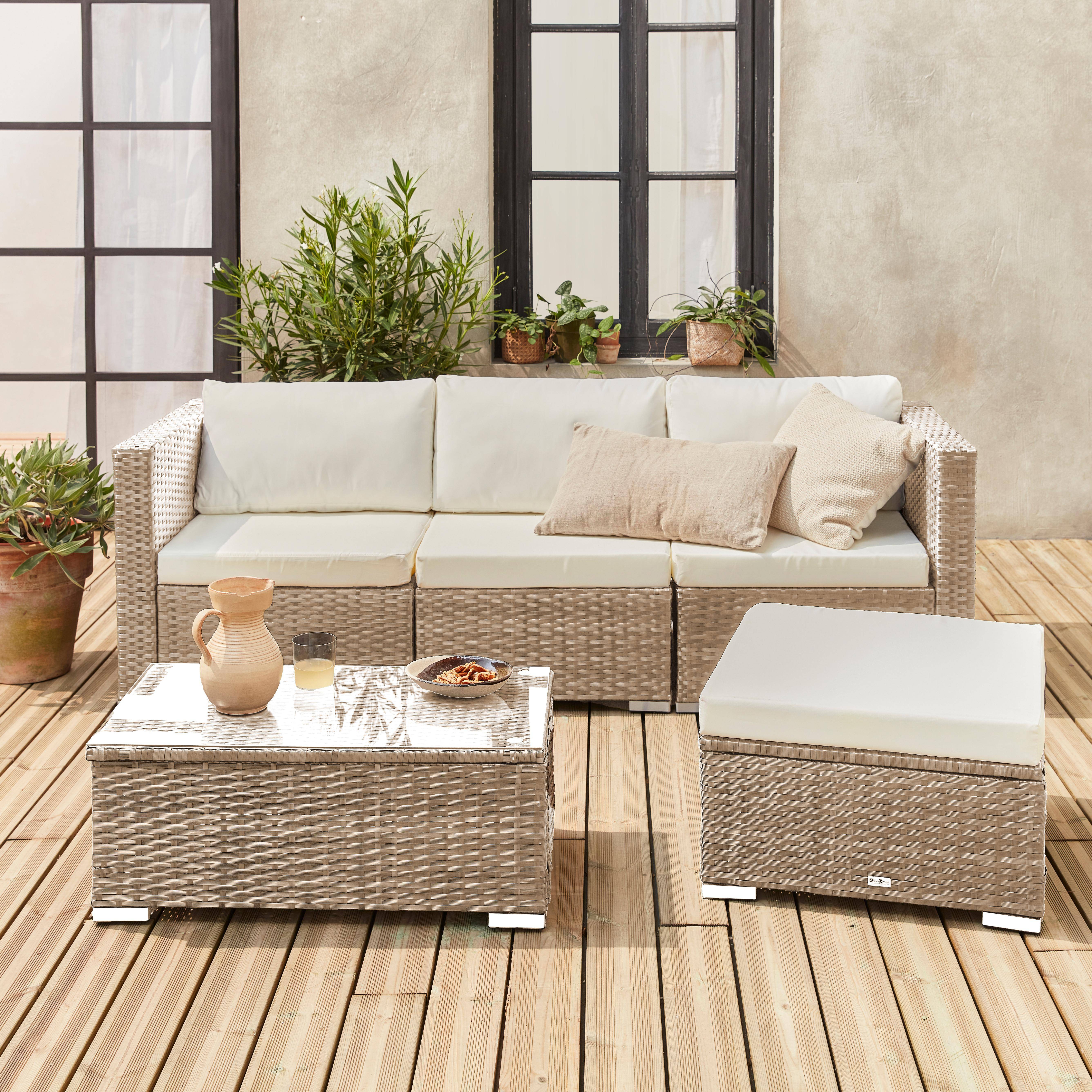 4-seater rattan garden sofa set - sofa, footrest, coffee table - Torino - Beige,sweeek,Photo1
