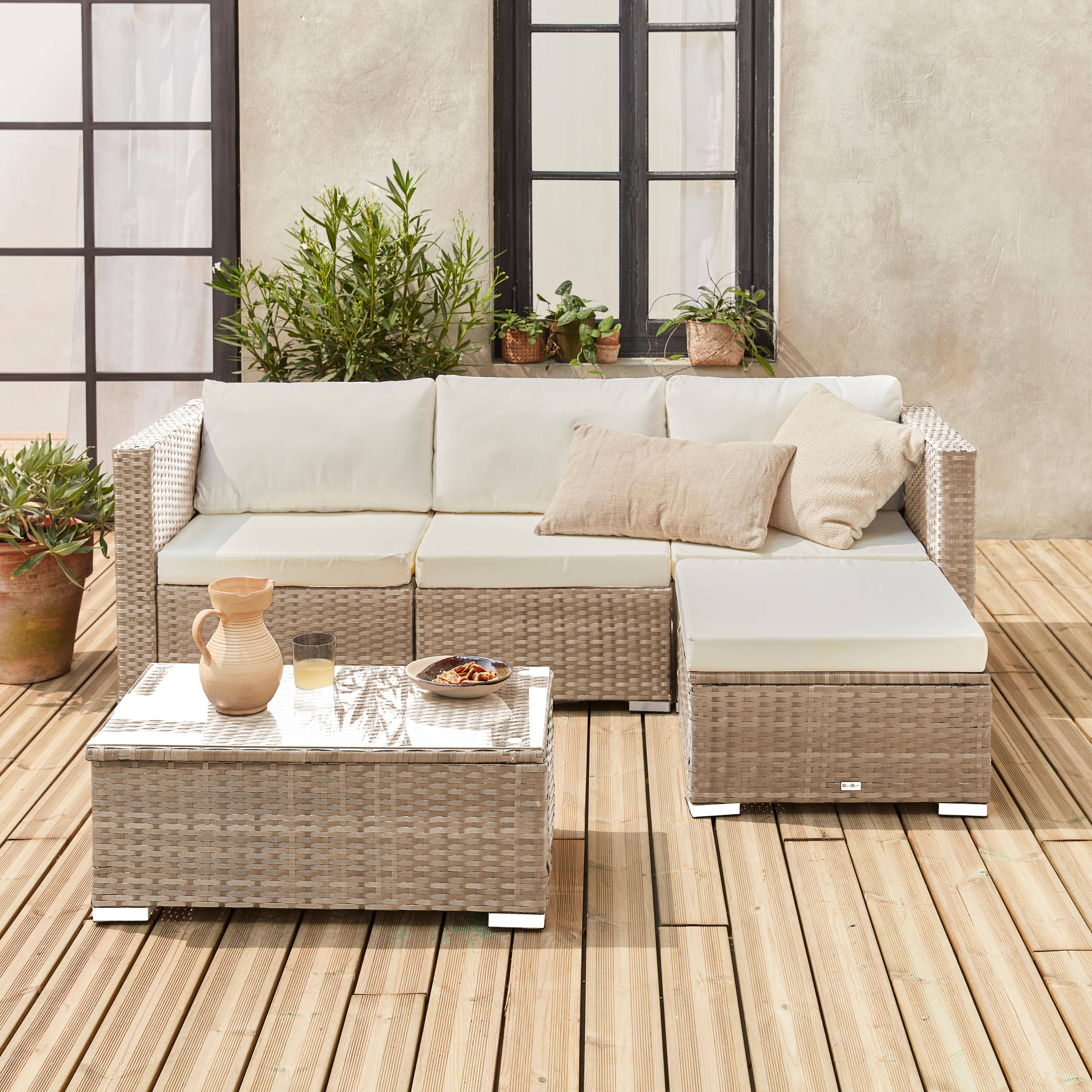 4-seater rattan garden sofa set - sofa, footrest, coffee table - Torino - Beige,sweeek,Photo2
