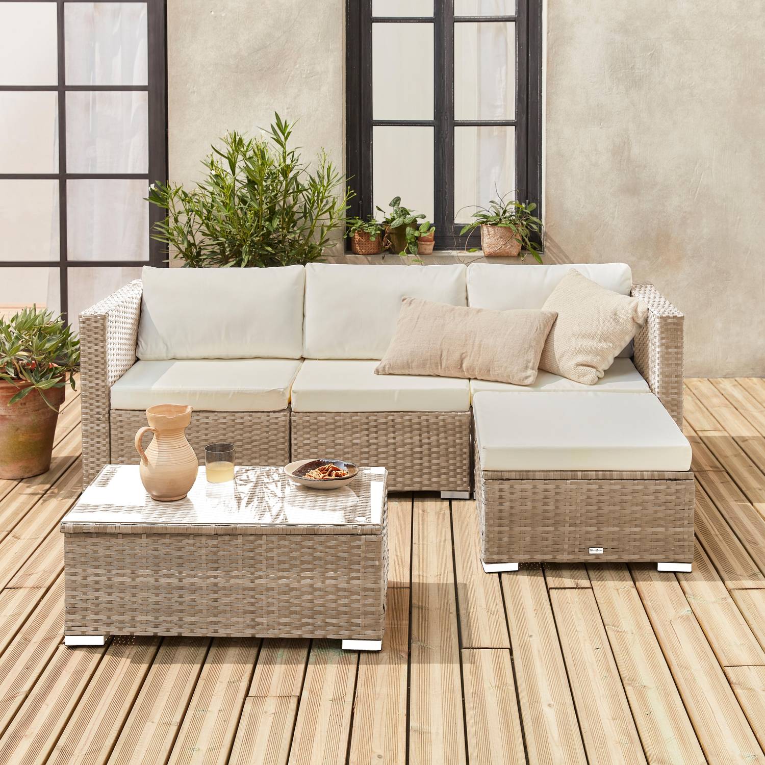 4-seater rattan garden sofa set - sofa, footrest, coffee table - Torino - Beige Photo2