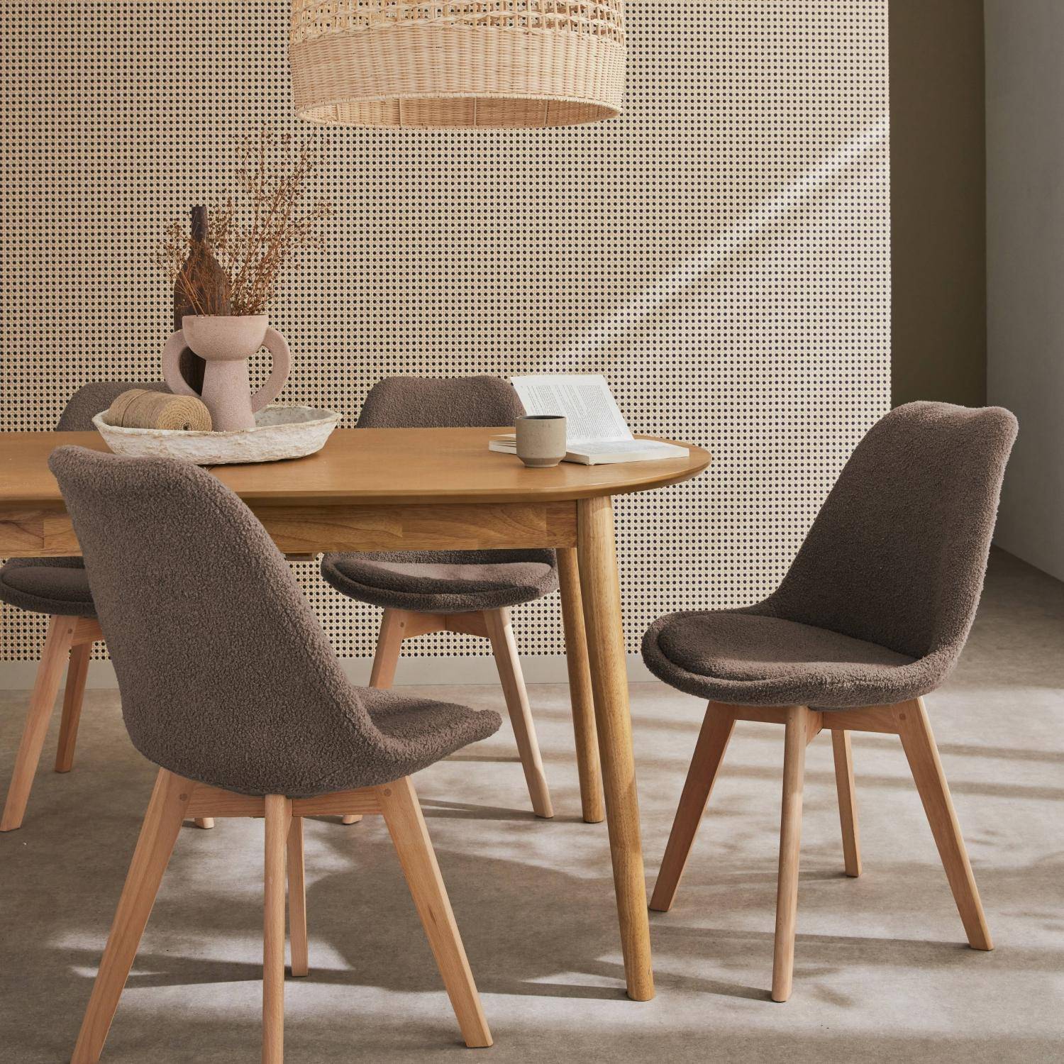 Set van 4 NILS Scandinavische stoelen, taupe badstof bekleding, beukenhouten poten, 1-zits stoel Photo2