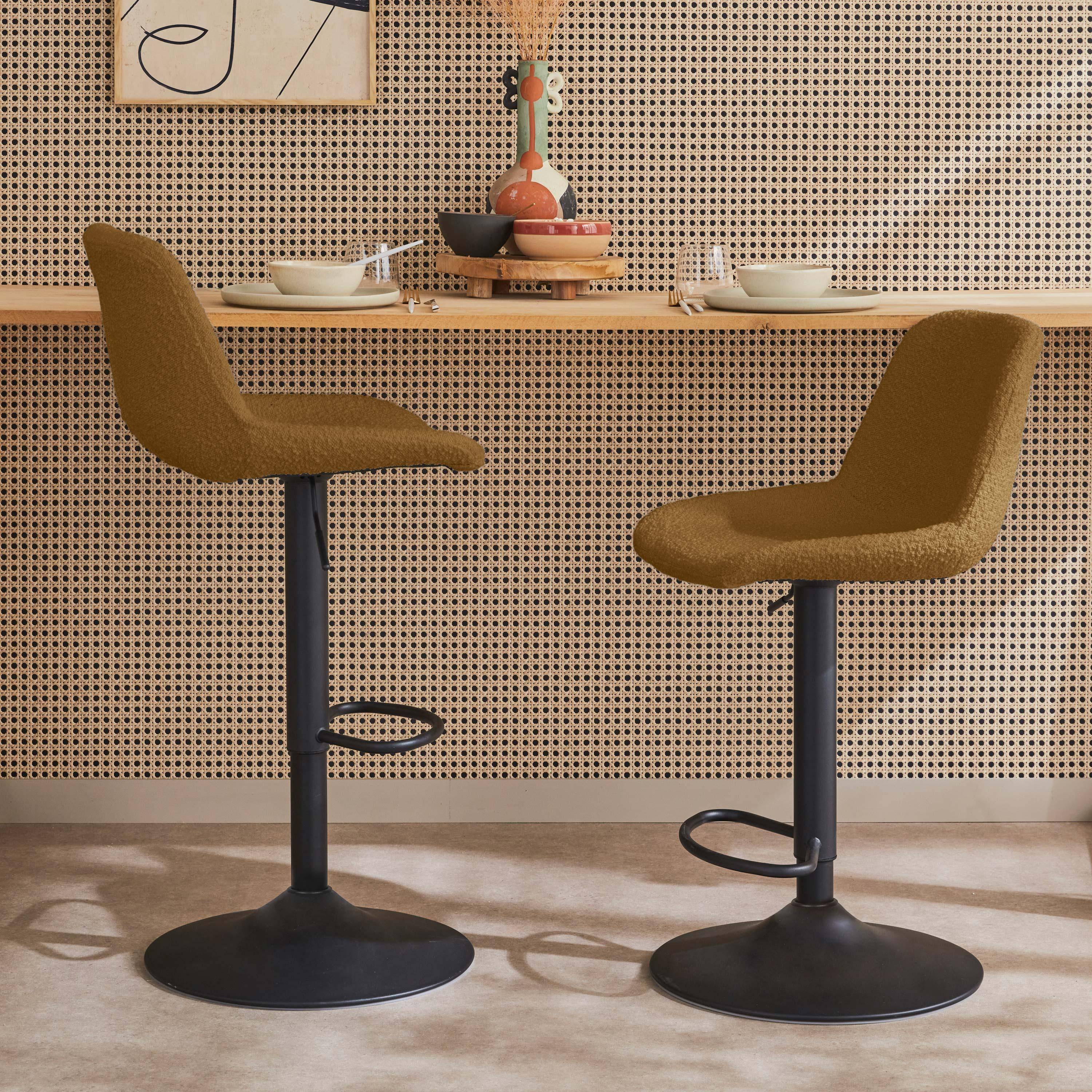 Lot de 2 tabourets de bar réglables - Noah - bouclette texturée moutarde - hauteur réglable 60,5/81,5cm , repose-pieds Photo3