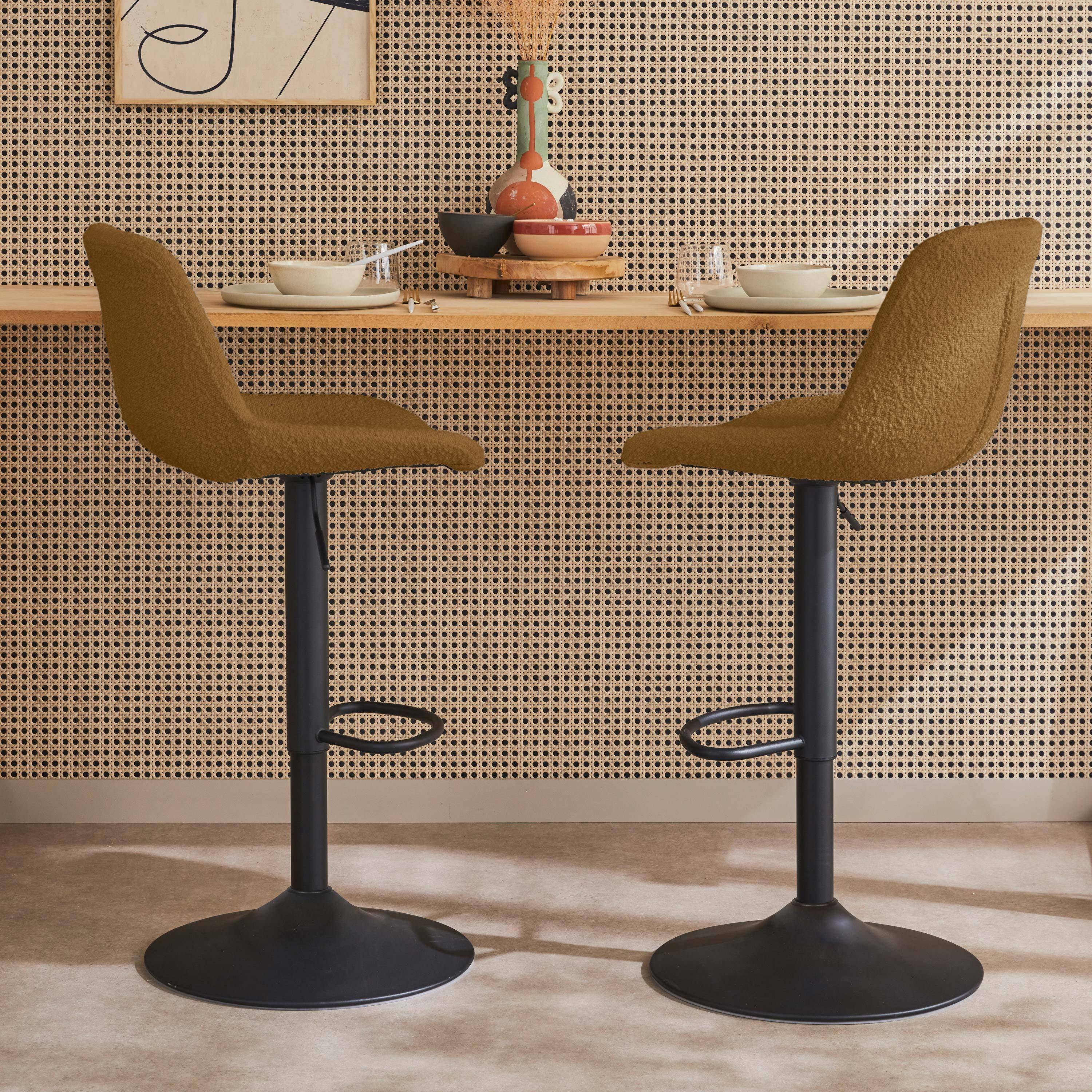 Lot de 2 tabourets de bar réglables - Noah - bouclette texturée moutarde - hauteur réglable 60,5/81,5cm , repose-pieds Photo1
