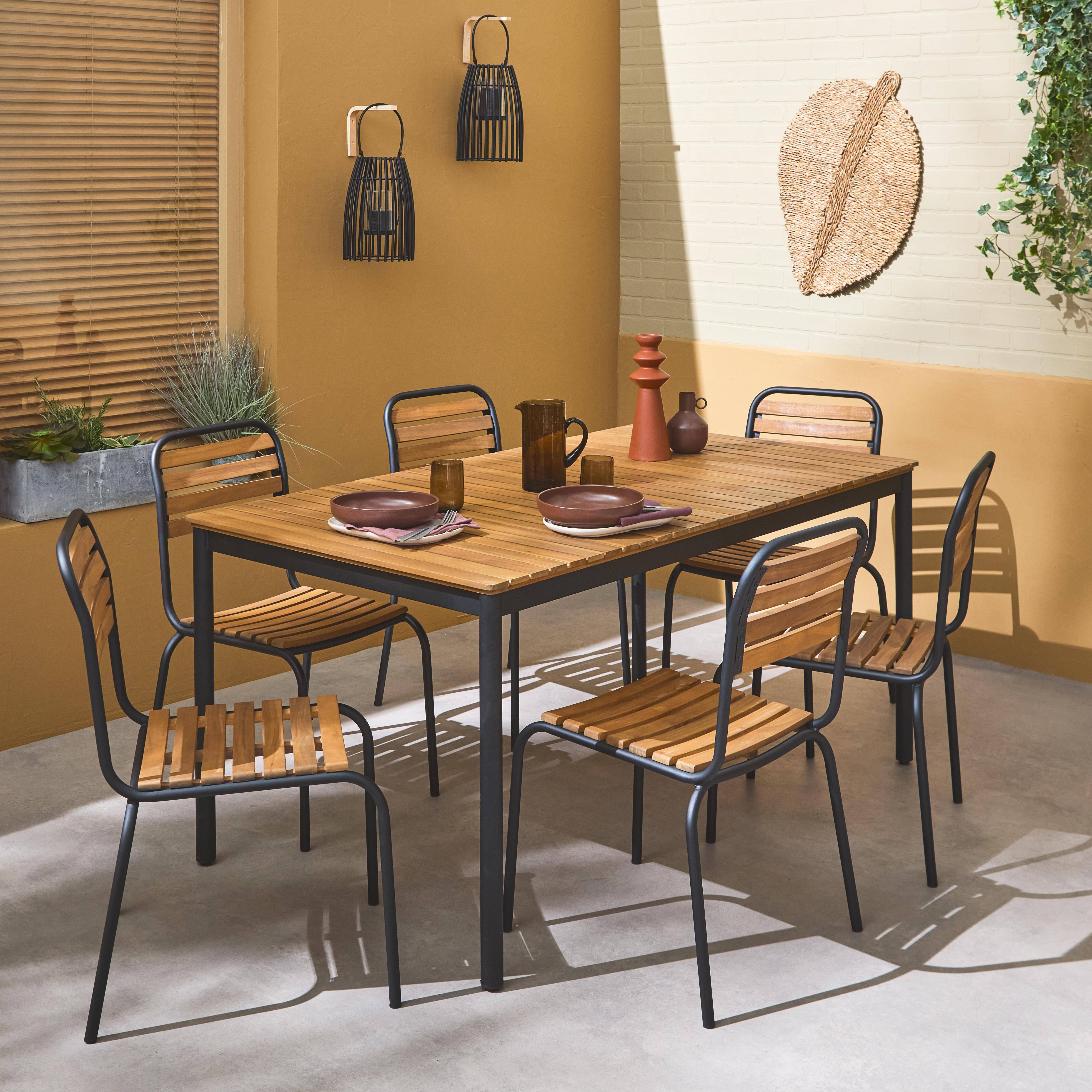 Set complet noir table + 6 chaises TABARA, acier et bois d'acacia FSP,sweeek,Photo2