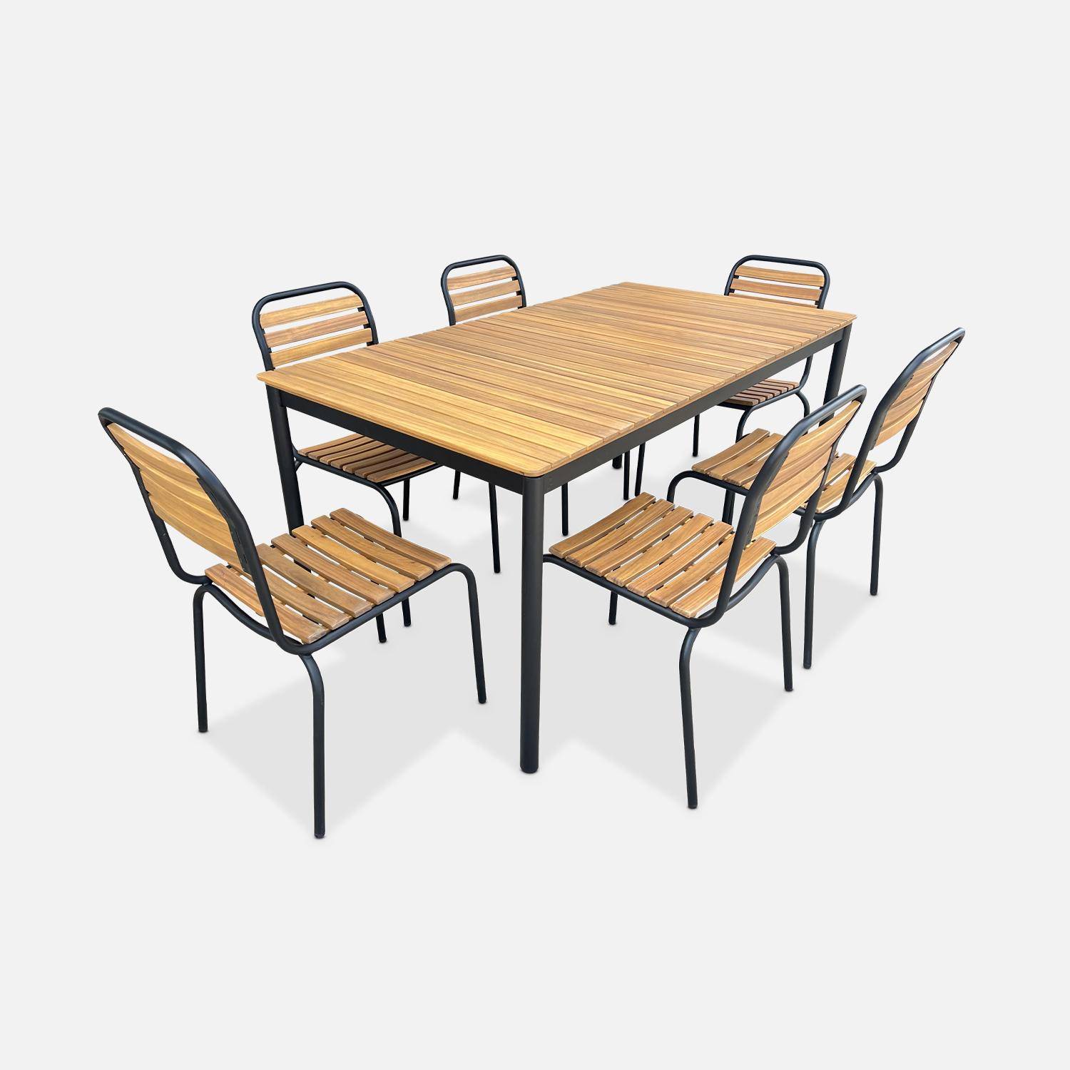 Set complet noir table + 6 chaises TABARA, acier et bois d'acacia FSP Photo4