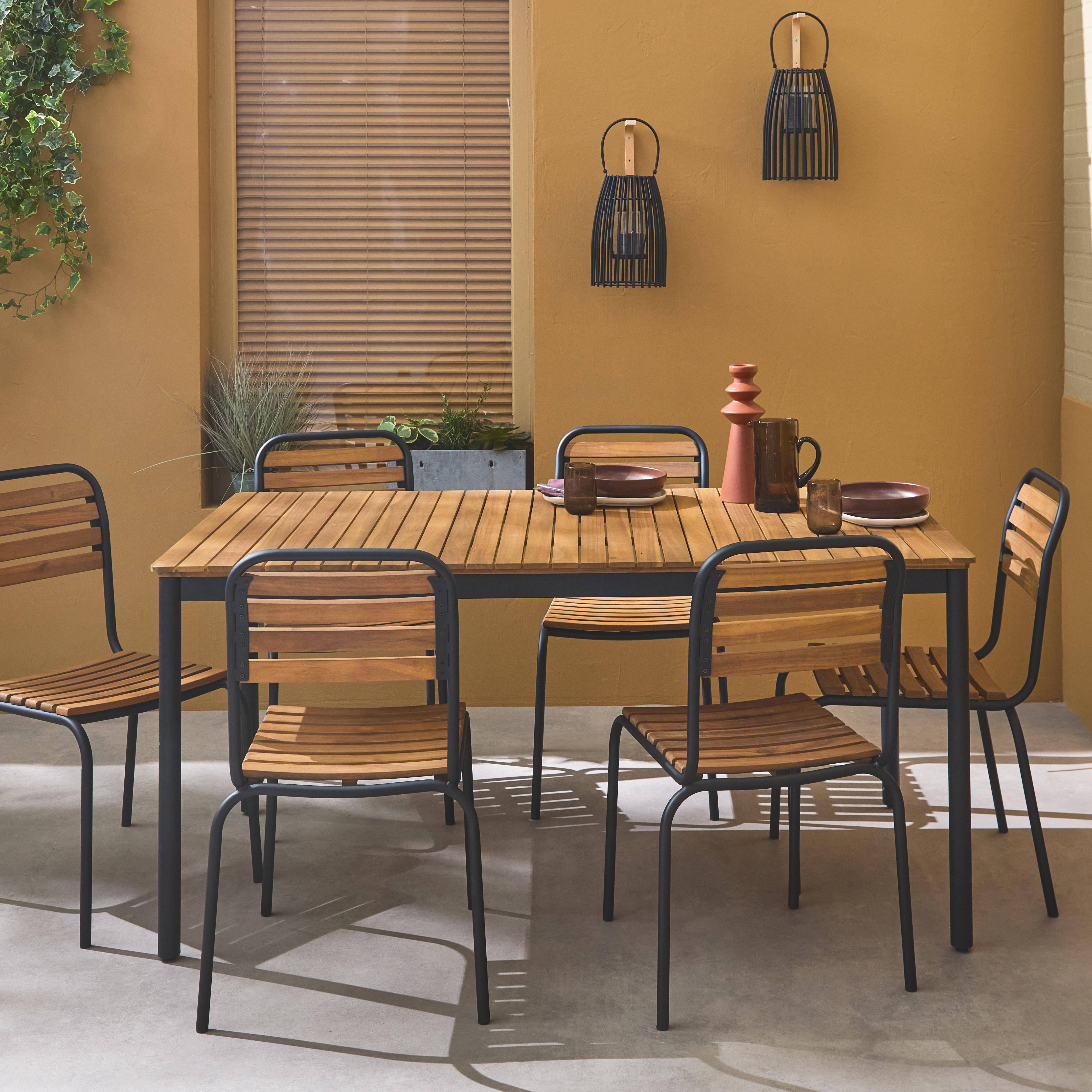 Set complet noir table + 6 chaises TABARA, acier et bois d'acacia FSP,sweeek,Photo1