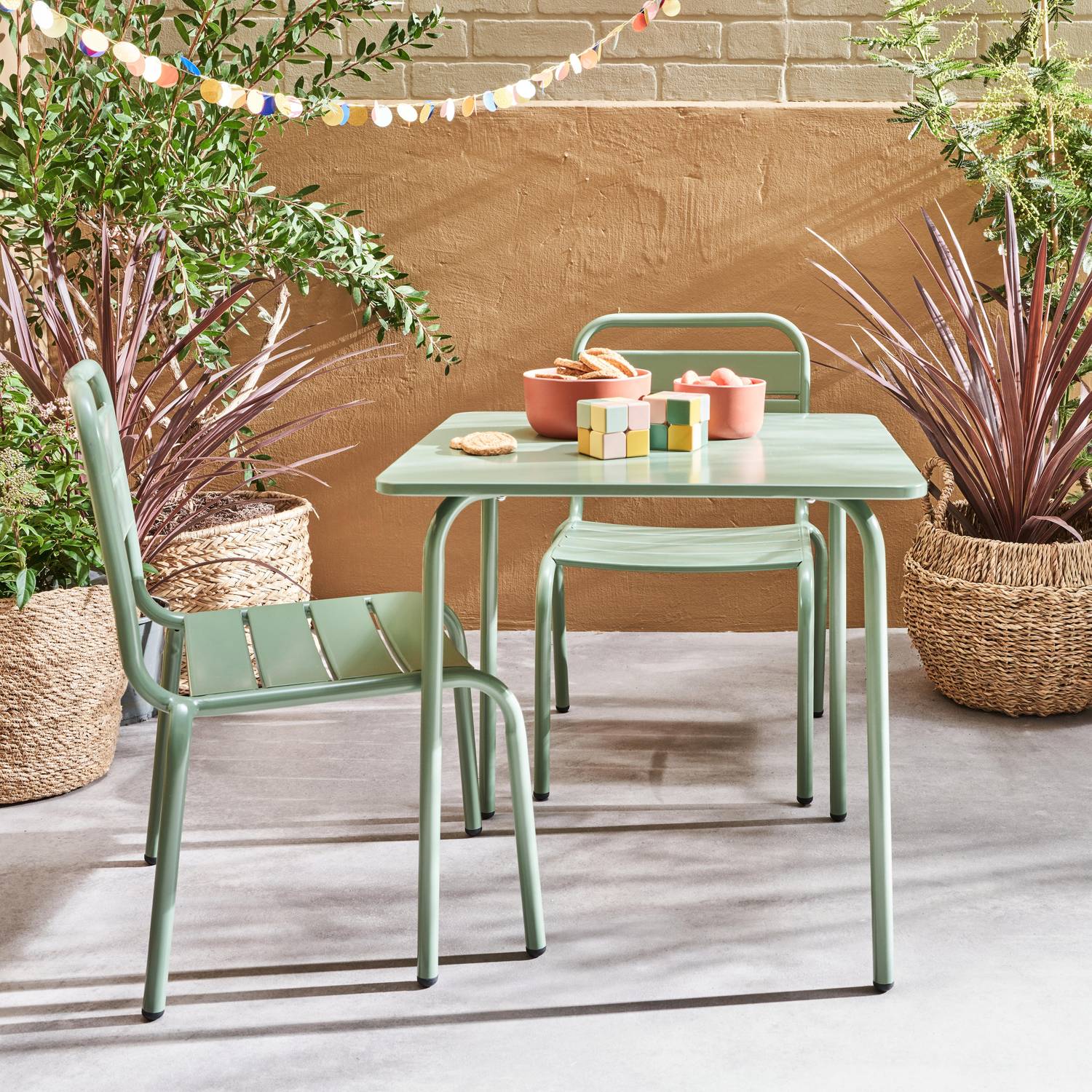 Salon de jardin pour enfants - Anna vert de gris, 2 places, table et chaises, 48x48cm Photo1