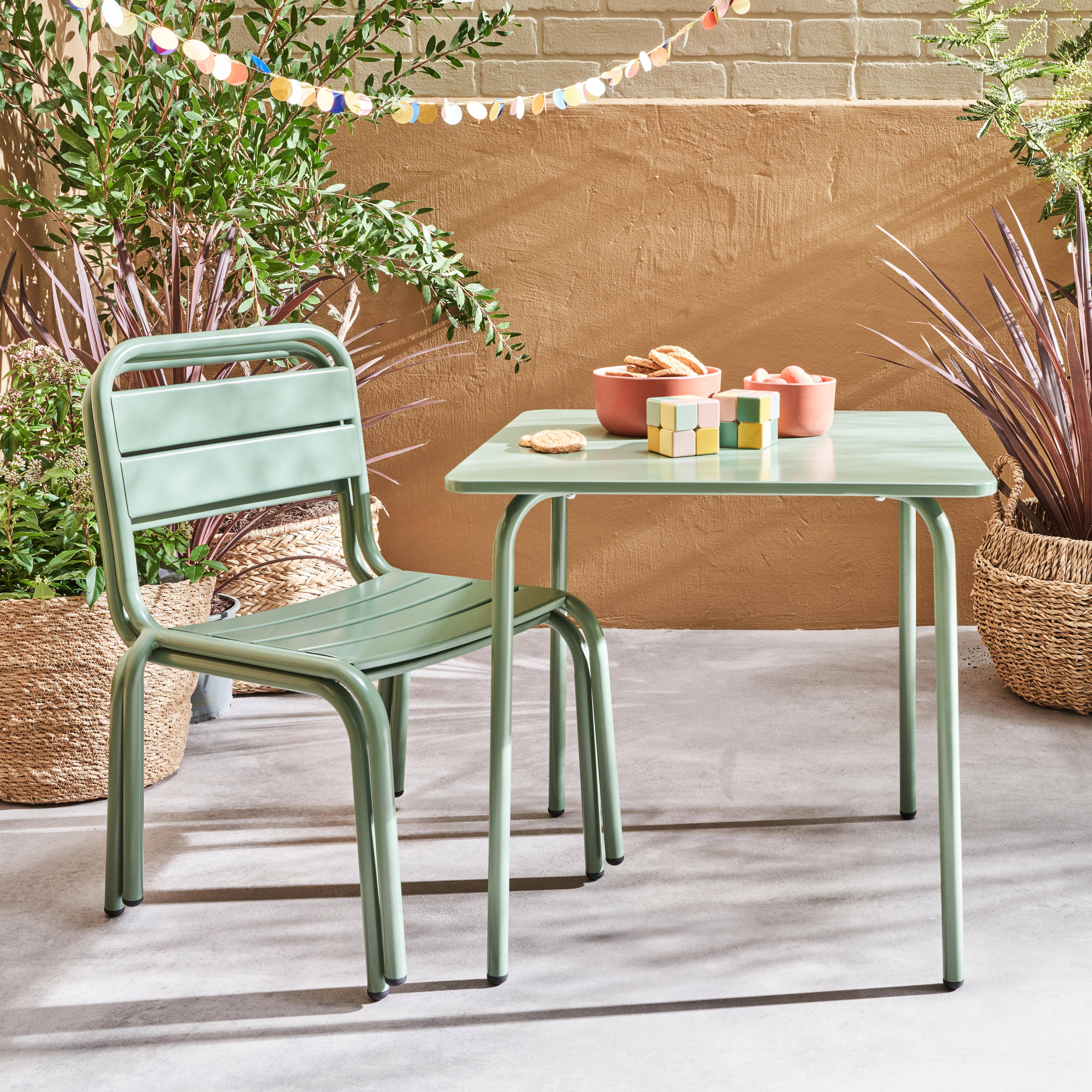 Tisch 48x48cm und 2 Stühle für Kinder, graugrün, 48x48cm, für draußen verwendbar - Anna,sweeek,Photo2