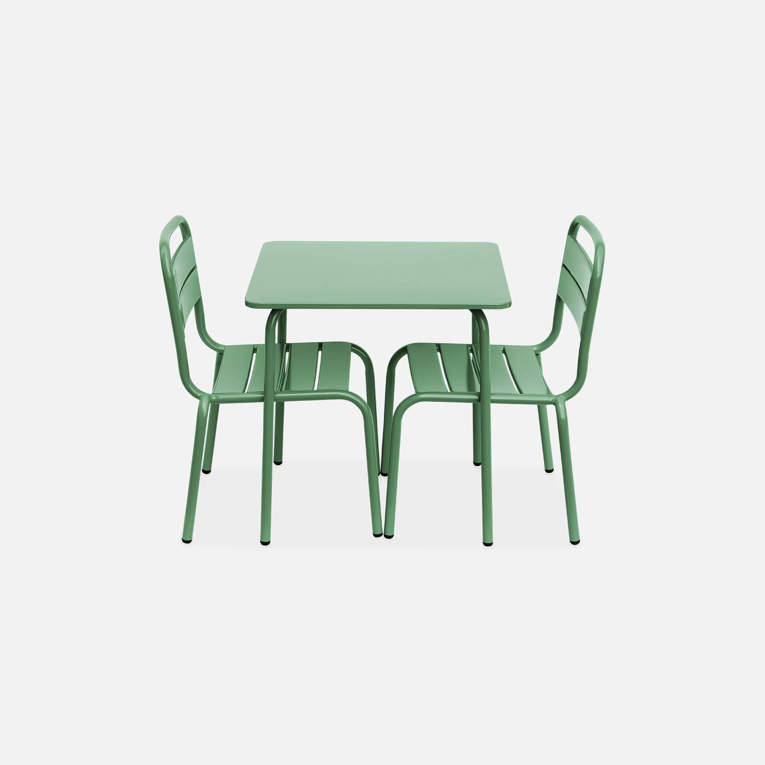 Tisch 48x48cm und 2 Stühle für Kinder, graugrün, 48x48cm, für draußen verwendbar - Anna,sweeek,Photo5