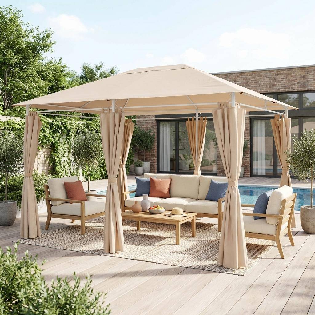 Komplettes Set Dachtuch und Vorhänge beige für Pergola 3x4m Divio - Pergola Ersatztuch und Vorhänge Photo1