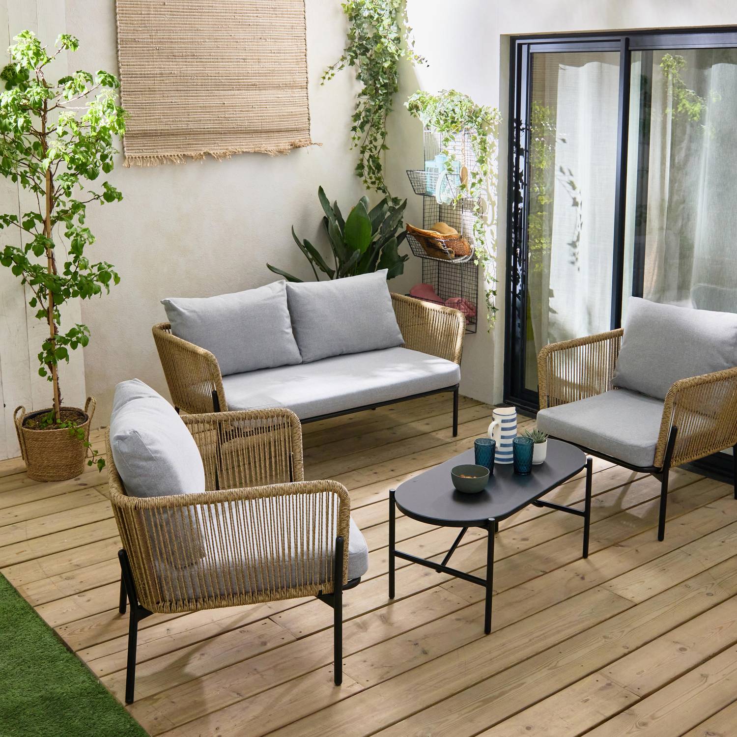 Salon de jardin résine effet corde, 4 places, structure acier, 1 canapé, 2 fauteuil et 1 table basse Photo1