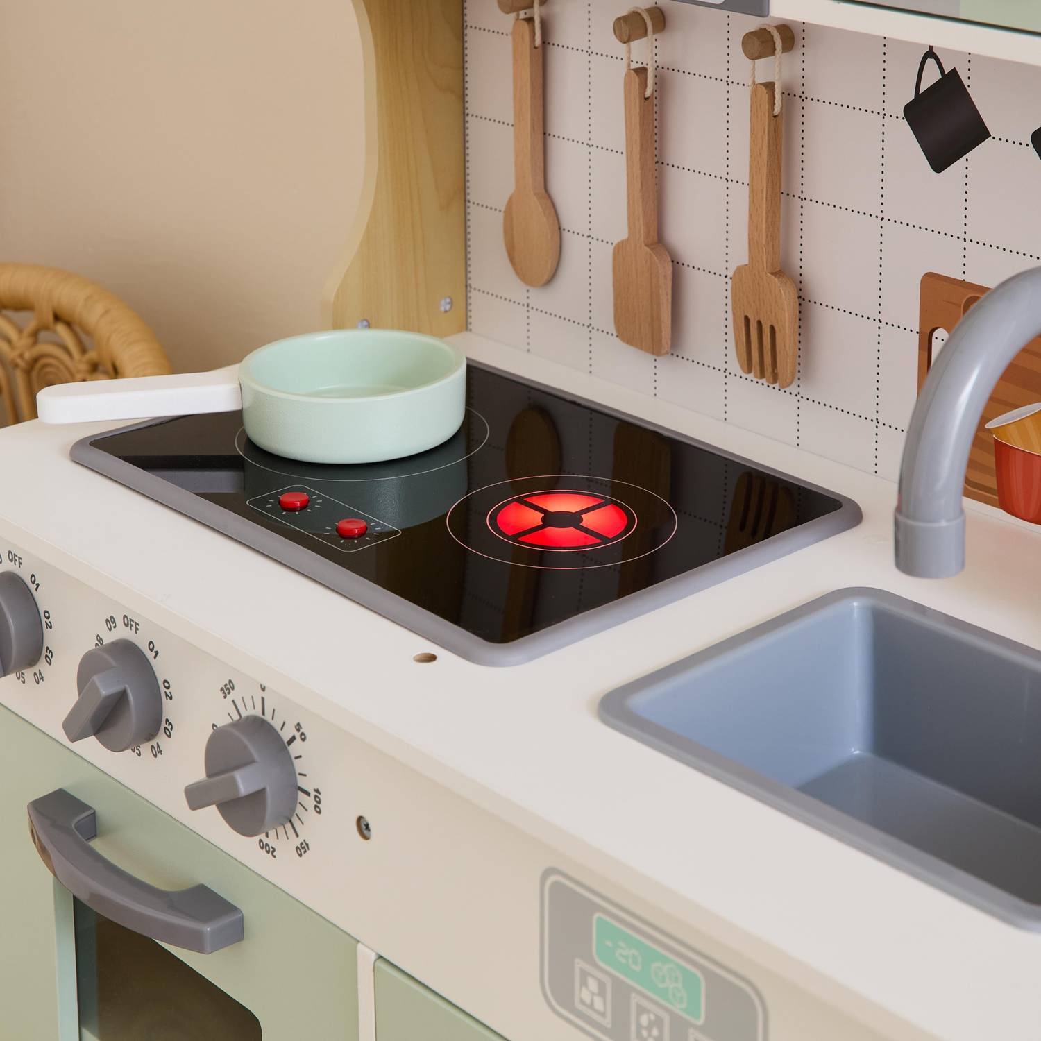 Panel de cocina infantil, accesorios incluidos, campana, placa de cocción, microondas electrónico Photo3
