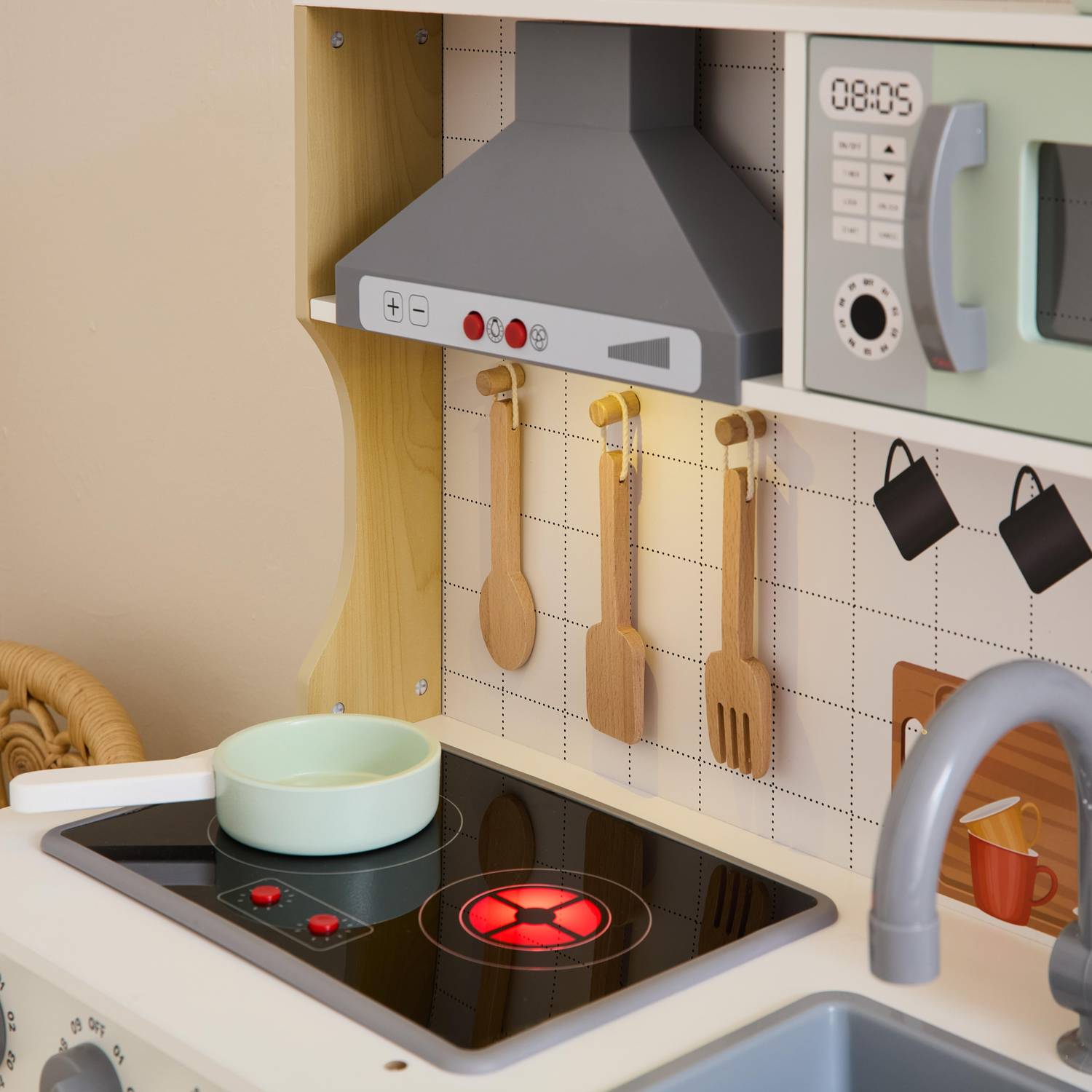 Pannello cucina per bambini, accessori inclusi, cappa, piano cottura, microonde elettronico Photo5