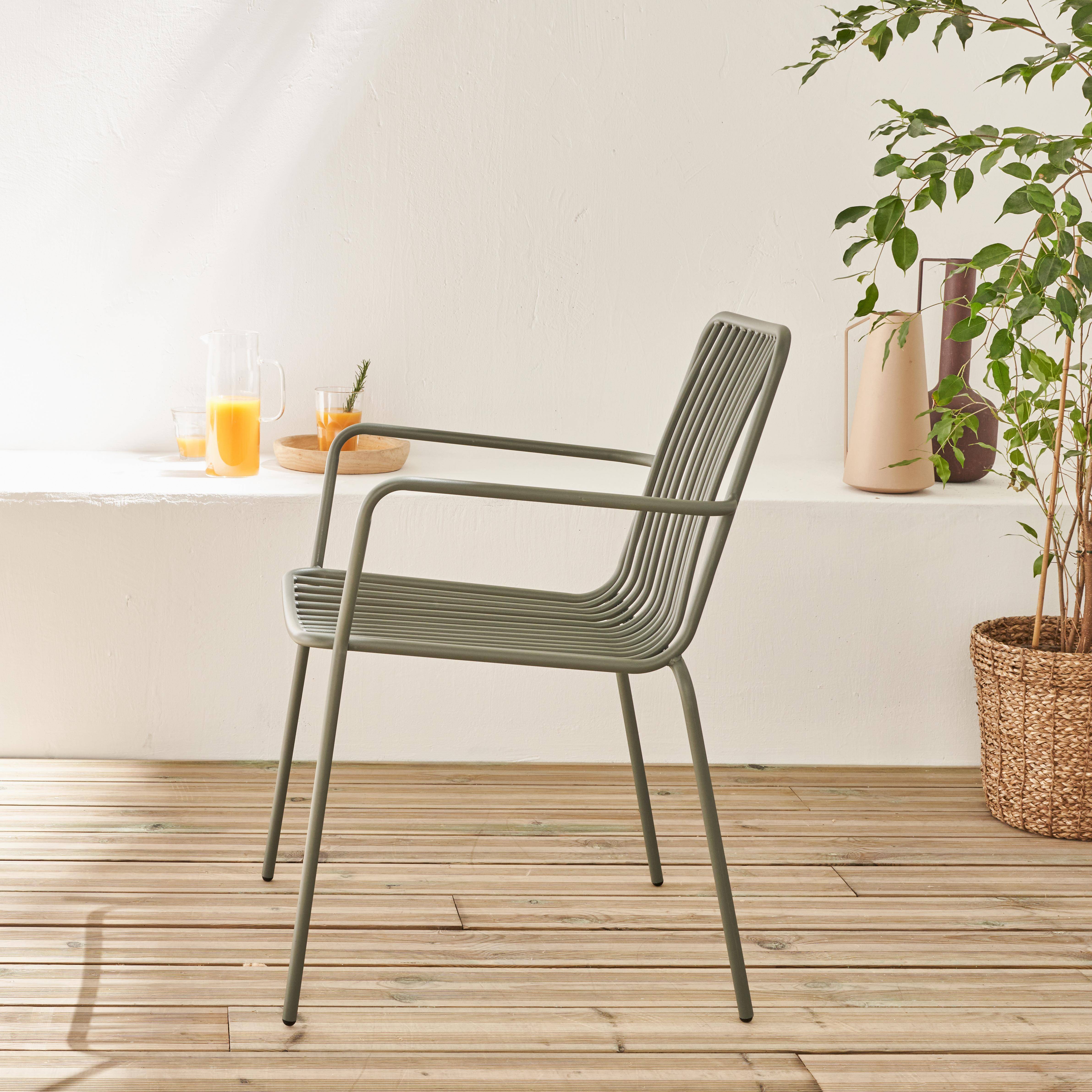 2er Set stapelbare Stühle aus Stahl mit Armlehnen - salbeigrün - Florida,sweeek,Photo2