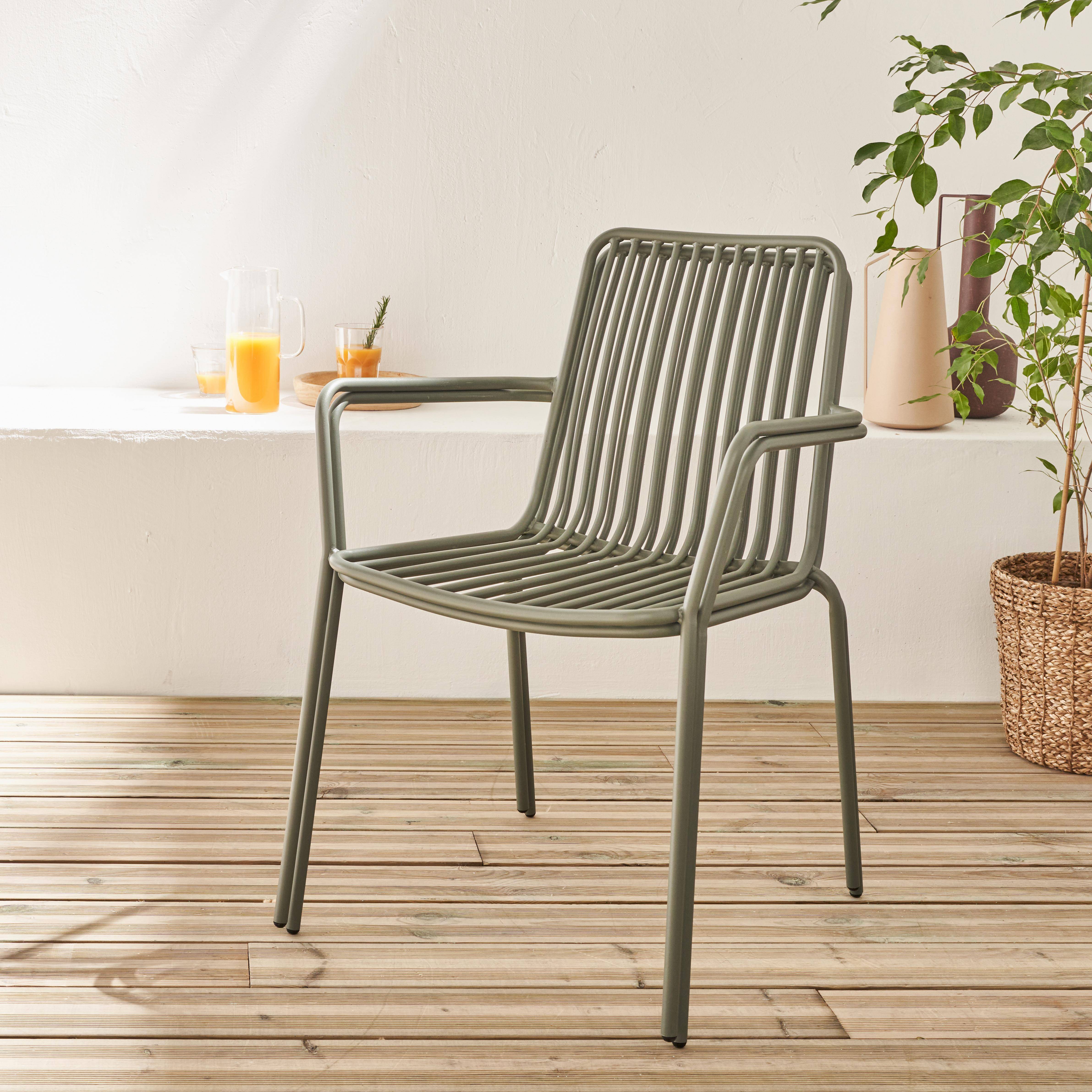 2er Set stapelbare Stühle aus Stahl mit Armlehnen - salbeigrün - Florida,sweeek,Photo3