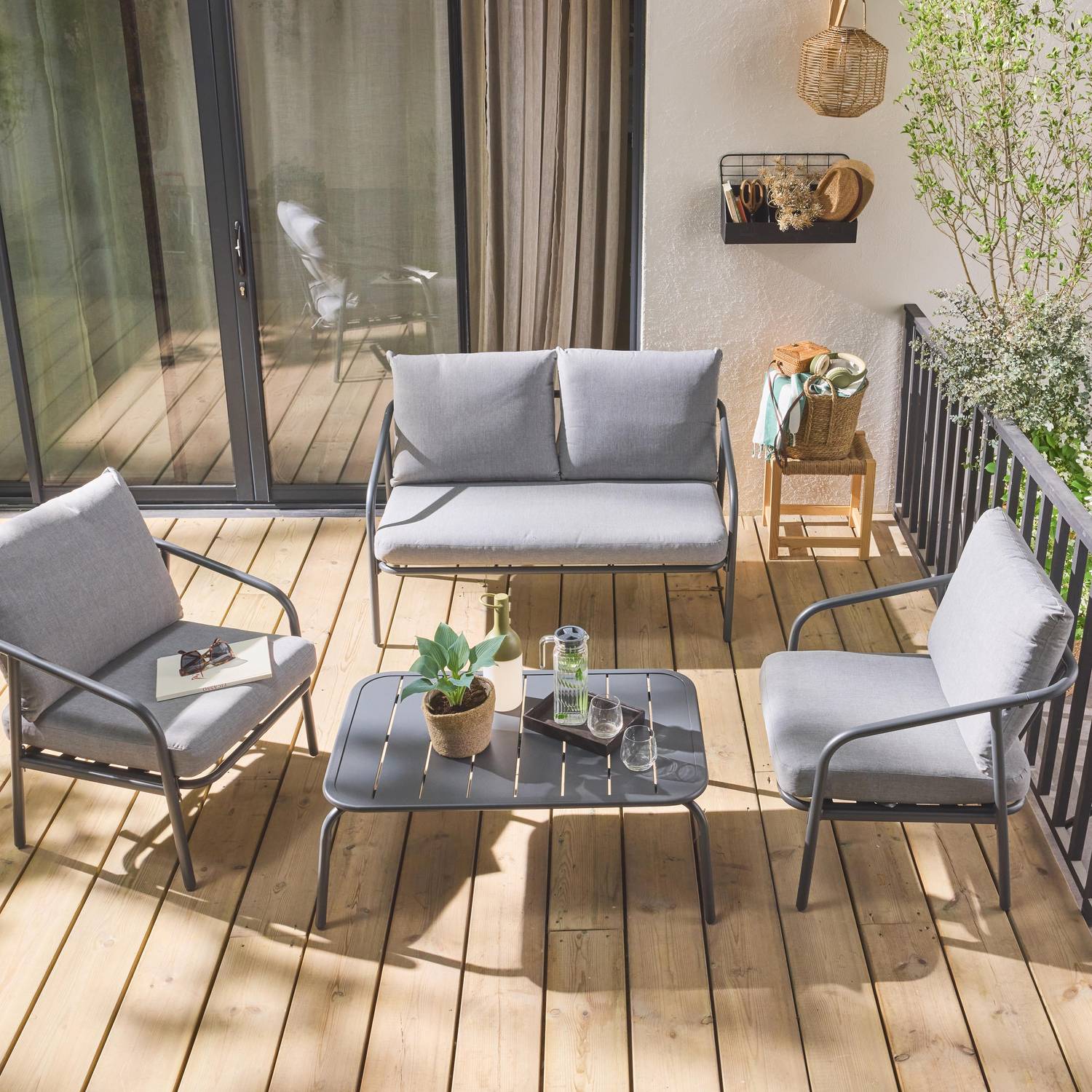Gartenmöbelset aus Metall 4 Plätze, anthrazit mit grauen Kissen, 1 Sofa, 2 Sessel und 1 Tisch - Messina Photo2
