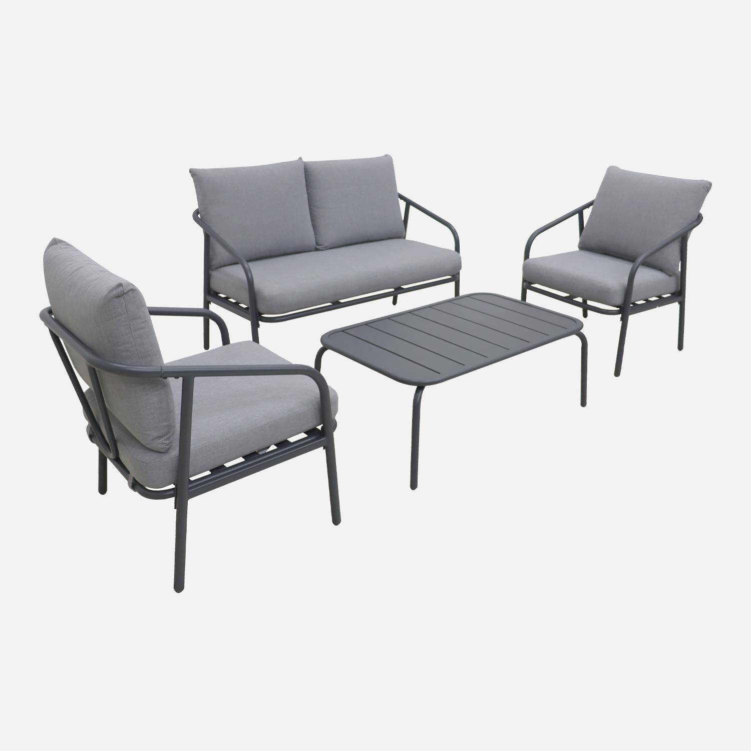 Set di mobili da giardino in metallo a 4 posti in antracite, cuscini grigi, design puro e arrotondato Photo4