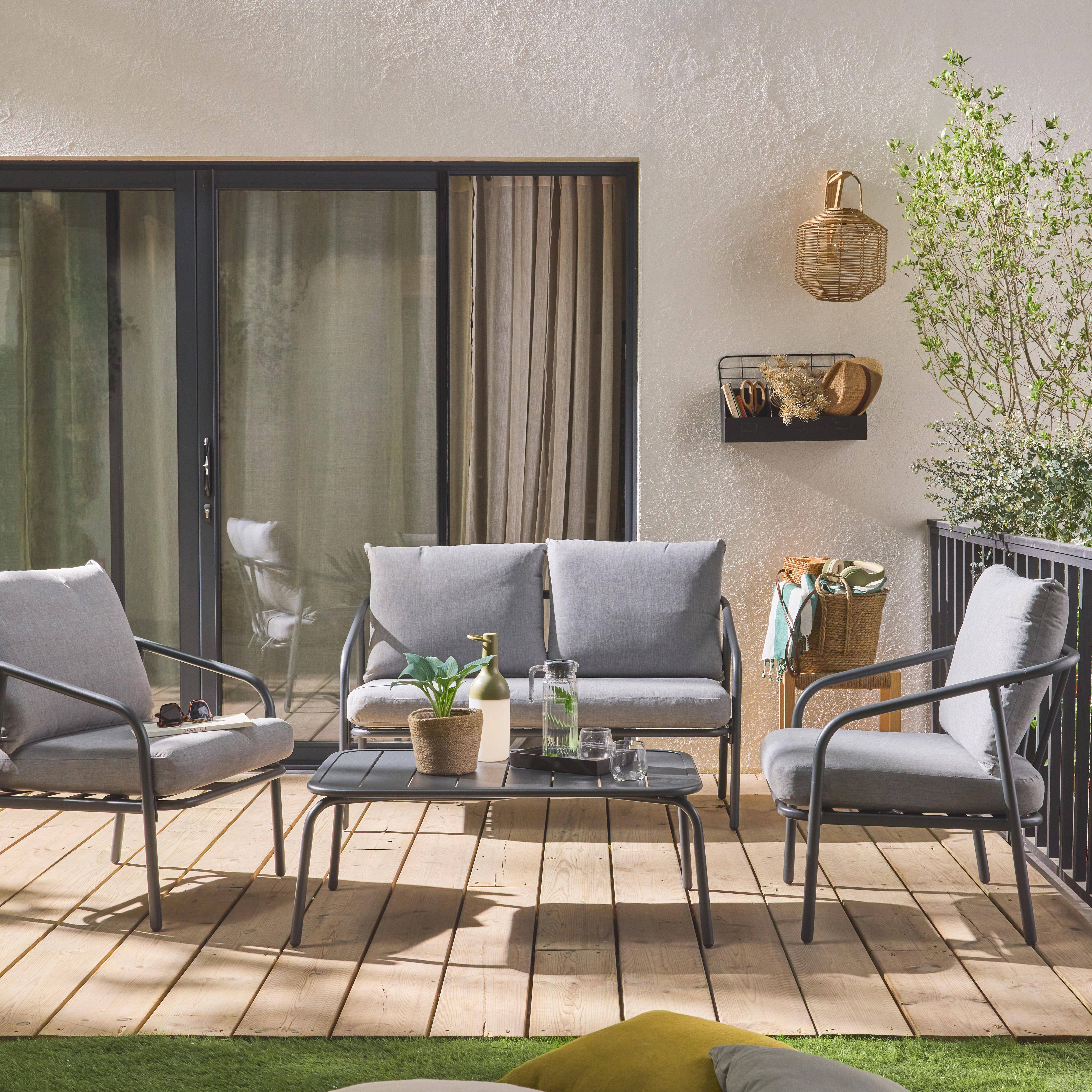 Set di mobili da giardino in metallo a 4 posti in antracite, cuscini grigi, design puro e arrotondato,sweeek,Photo1