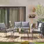 Salon de jardin en métal 4 places anthracite, coussins gris, design épuré arrondi   Photo1
