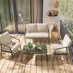 Gartenmöbelset aus Metall 4 Plätze, salbeigrün mit beigefarbenen Kissen, 1 Sofa, 2 Sessel und 1 Tisch - Messina Photo1